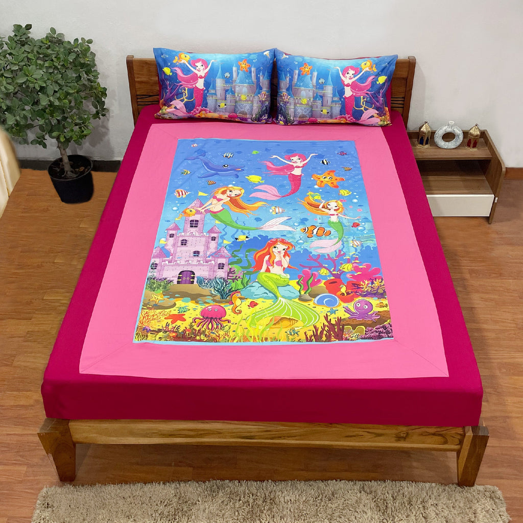 Kids Double Bedsheet – Little Mermaid Underwater Fantasy Theme Pink Color with 2 Pillow Covers