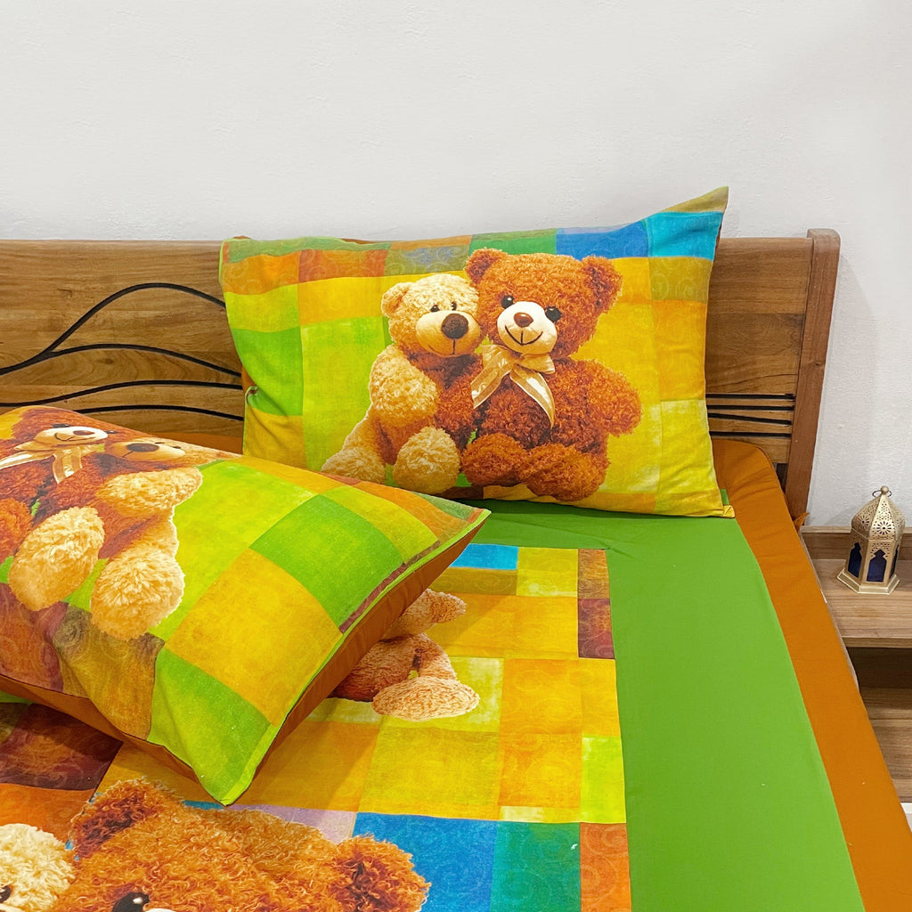 Kids Double Bedsheet – Cute Teddy Bear Friends Theme Multi-Color with 2 Pillow Covers