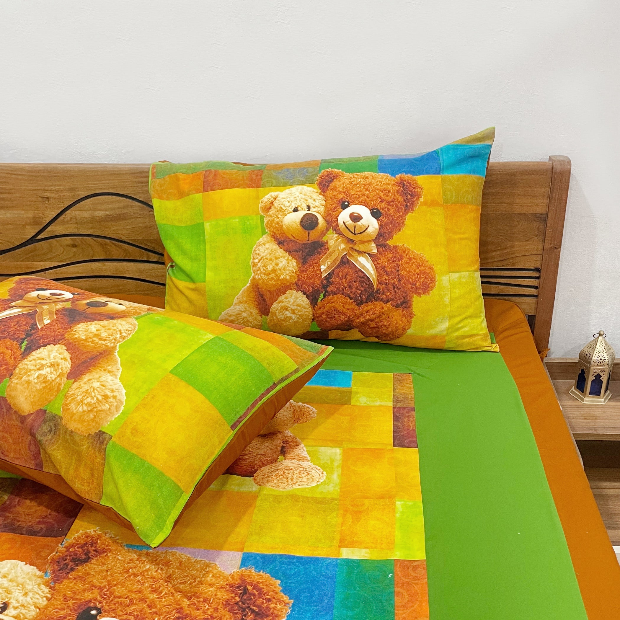 Kids Double Bedsheet – Cute Teddy Bear Friends Theme Multi-Color with 2 Pillow Covers
