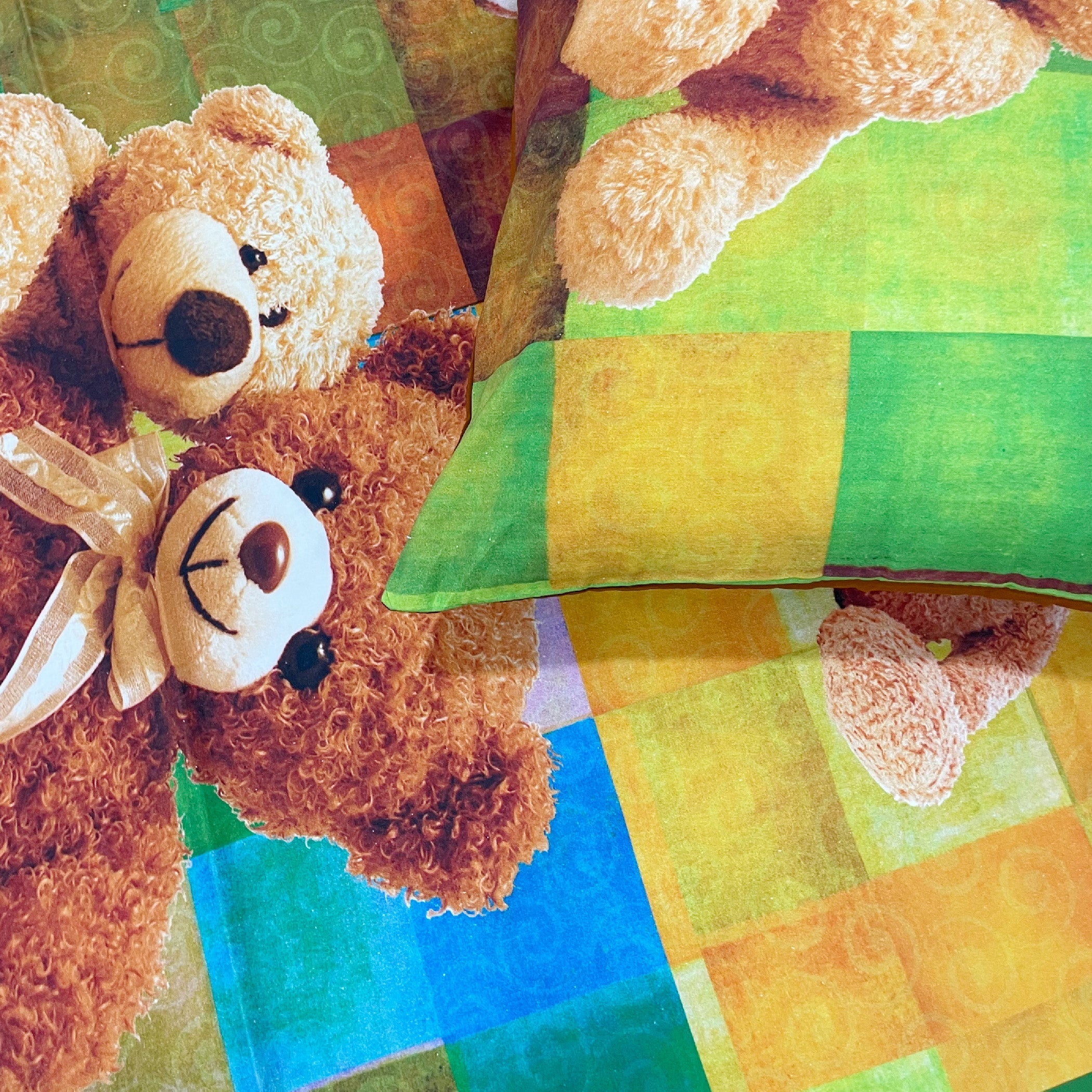 Kids Double Bedsheet – Cute Teddy Bear Friends Theme Multi-Color with 2 Pillow Covers
