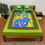 Kids Double Bedsheet – Animal Friends Jungle Pond Theme Green & Brown Color with 2 Pillow Covers