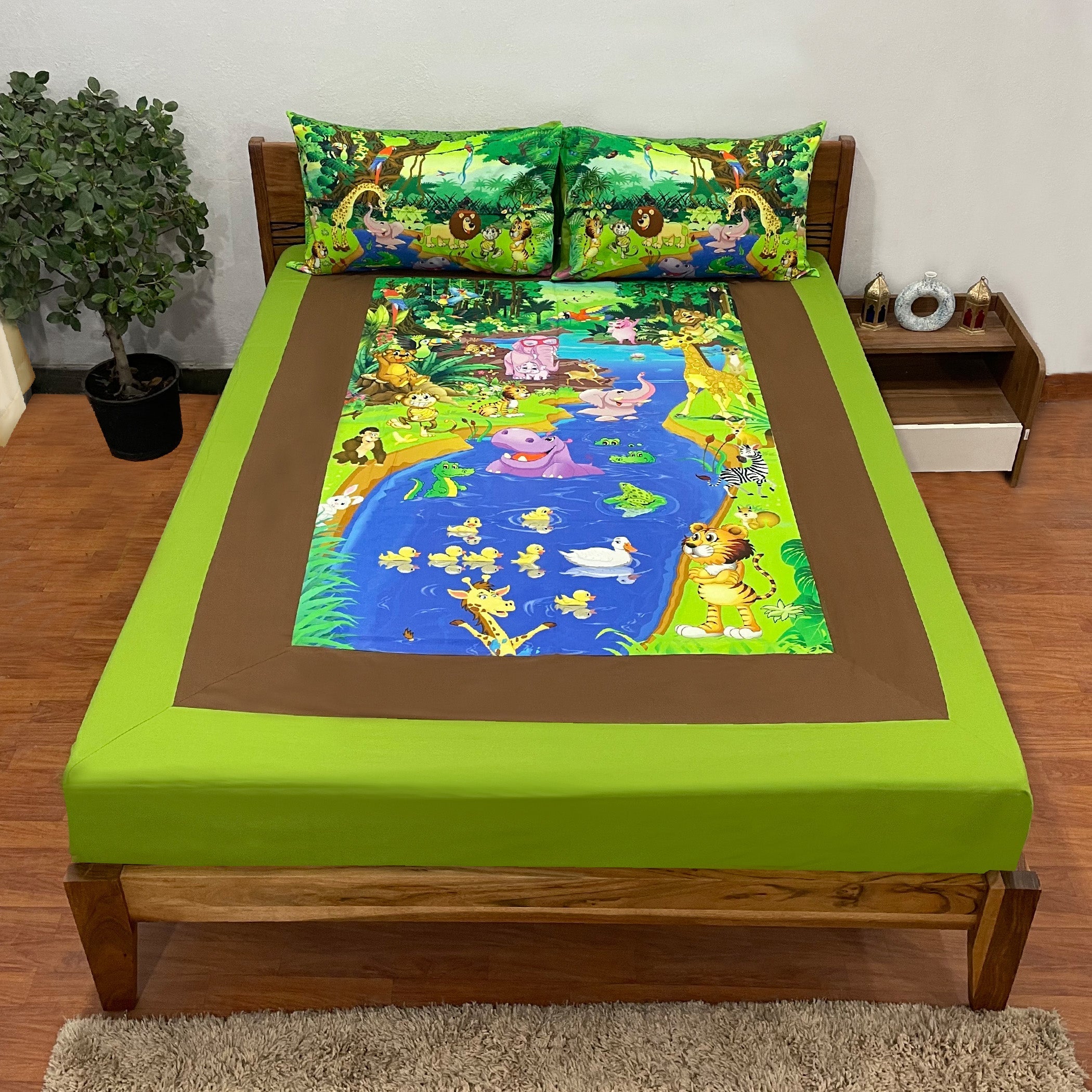 Kids Double Bedsheet – Animal Friends Jungle Pond Theme Green & Brown Color with 2 Pillow Covers