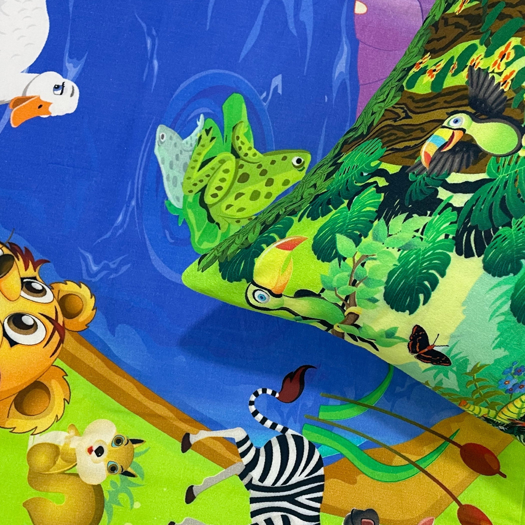 Kids Double Bedsheet – Animal Friends Jungle Pond Theme Green & Brown Color with 2 Pillow Covers