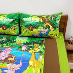 Kids Double Bedsheet – Animal Friends Jungle Pond Theme Green & Brown Color with 2 Pillow Covers