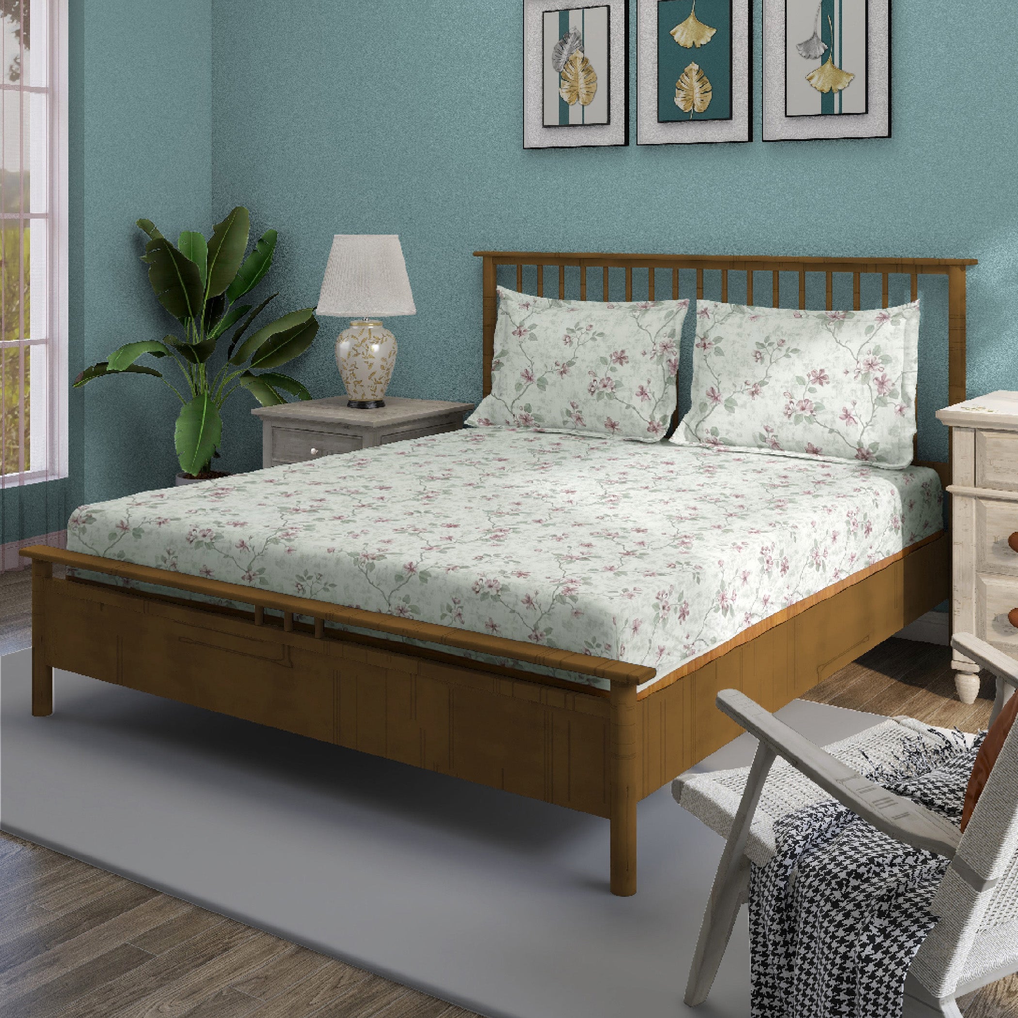 Cotton Double Queen Bedsheet with 2 Pillow Covers - Mint Green Floral Vine Print (90x100 inches)