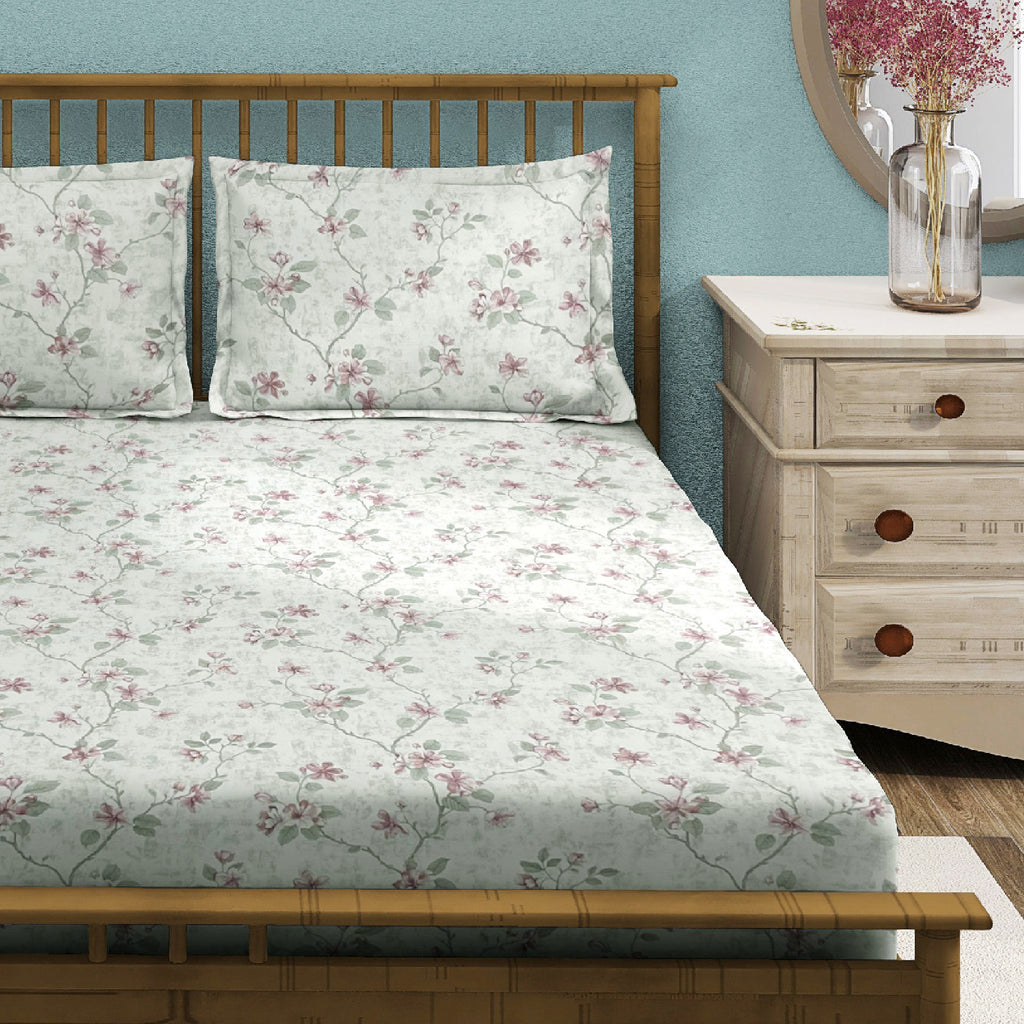 Cotton Double Queen Bedsheet with 2 Pillow Covers - Mint Green Floral Vine Print (90x100 inches)