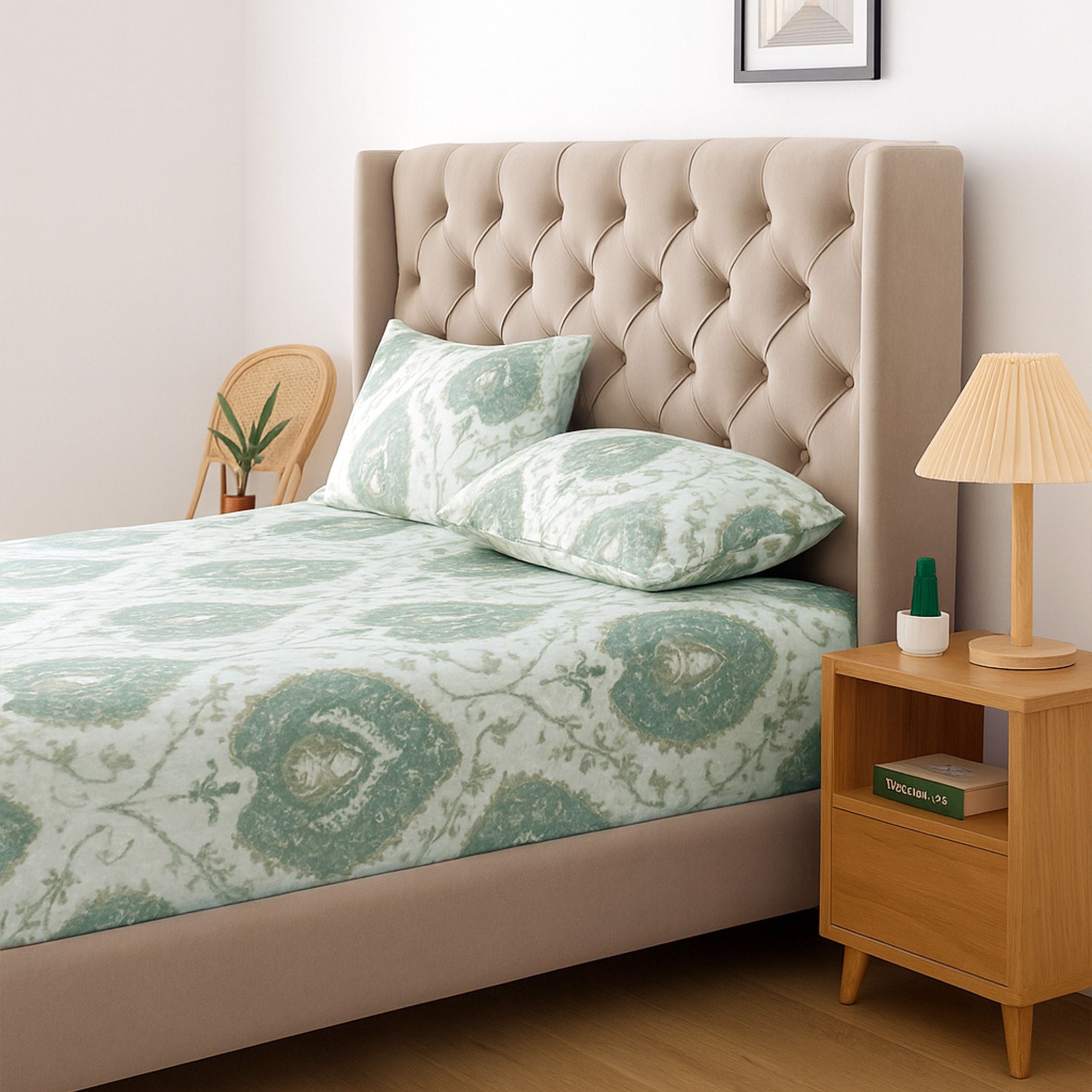 Floral Print Green 200 TC Double Queen Bedsheet With 2 Pillow Covers (90x100 Inches)