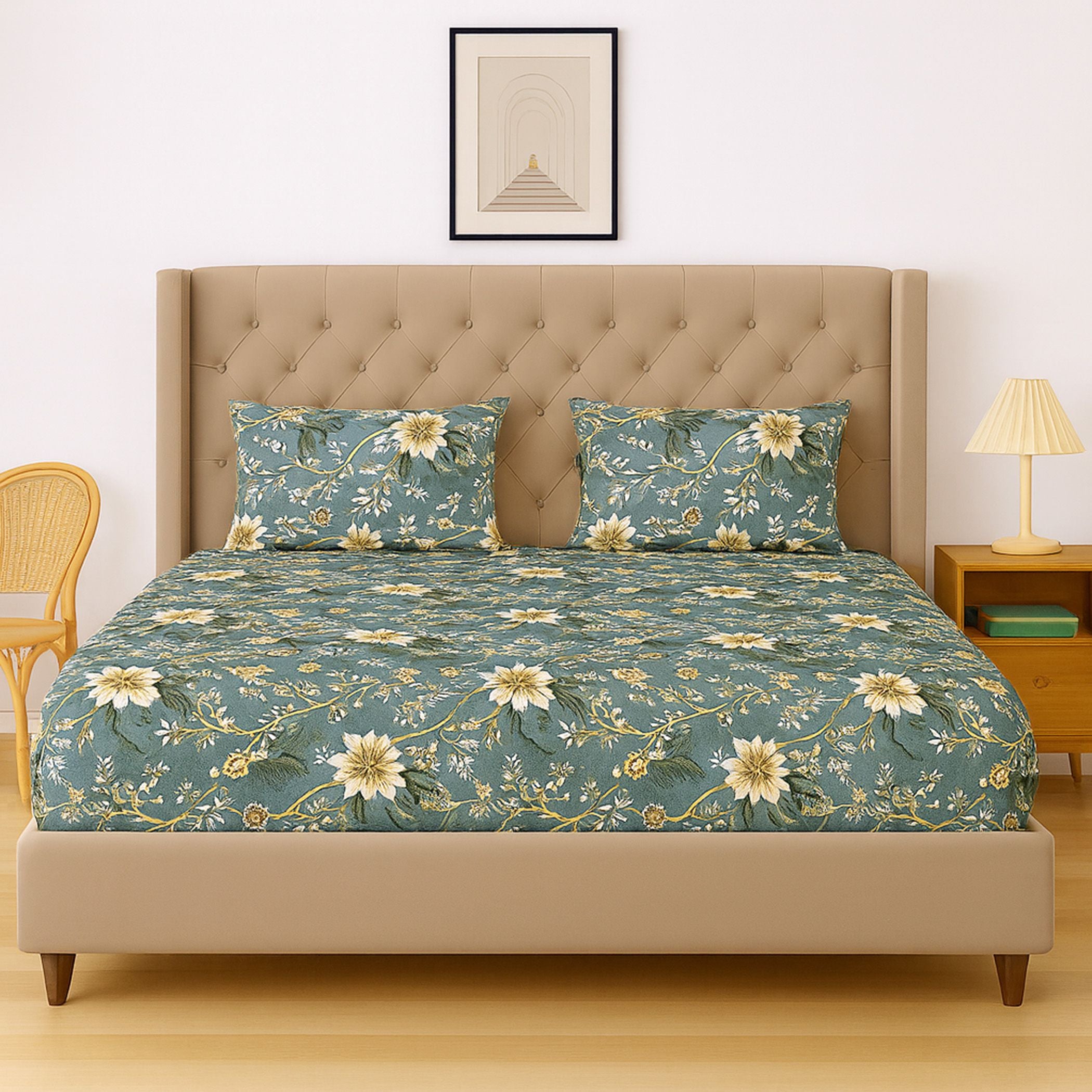 Floral Print Teal 200 TC Double Queen Bedsheet With 2 Pillow Covers (90x100 Inches)