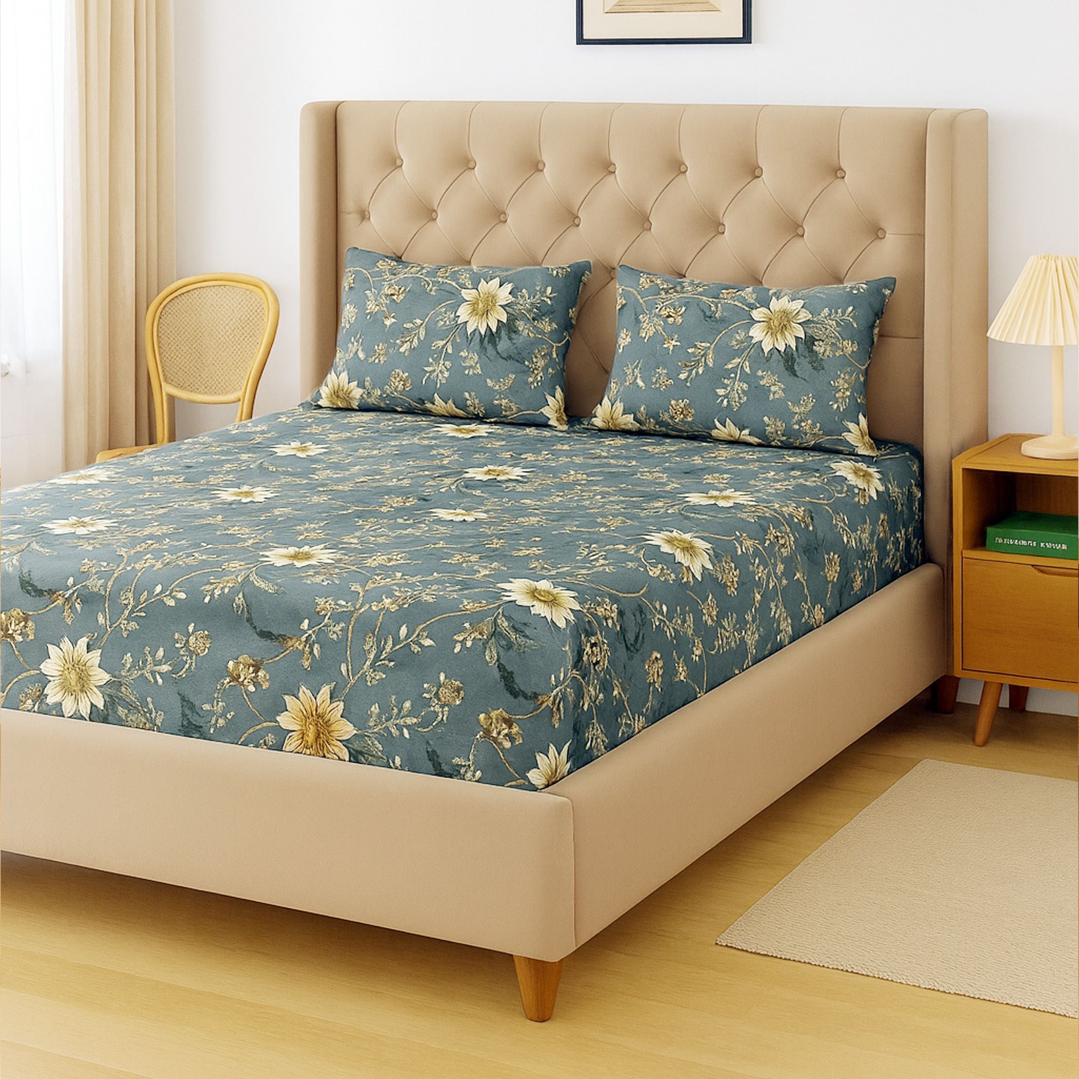 Floral Print Teal 200 TC Double Queen Bedsheet With 2 Pillow Covers (90x100 Inches)