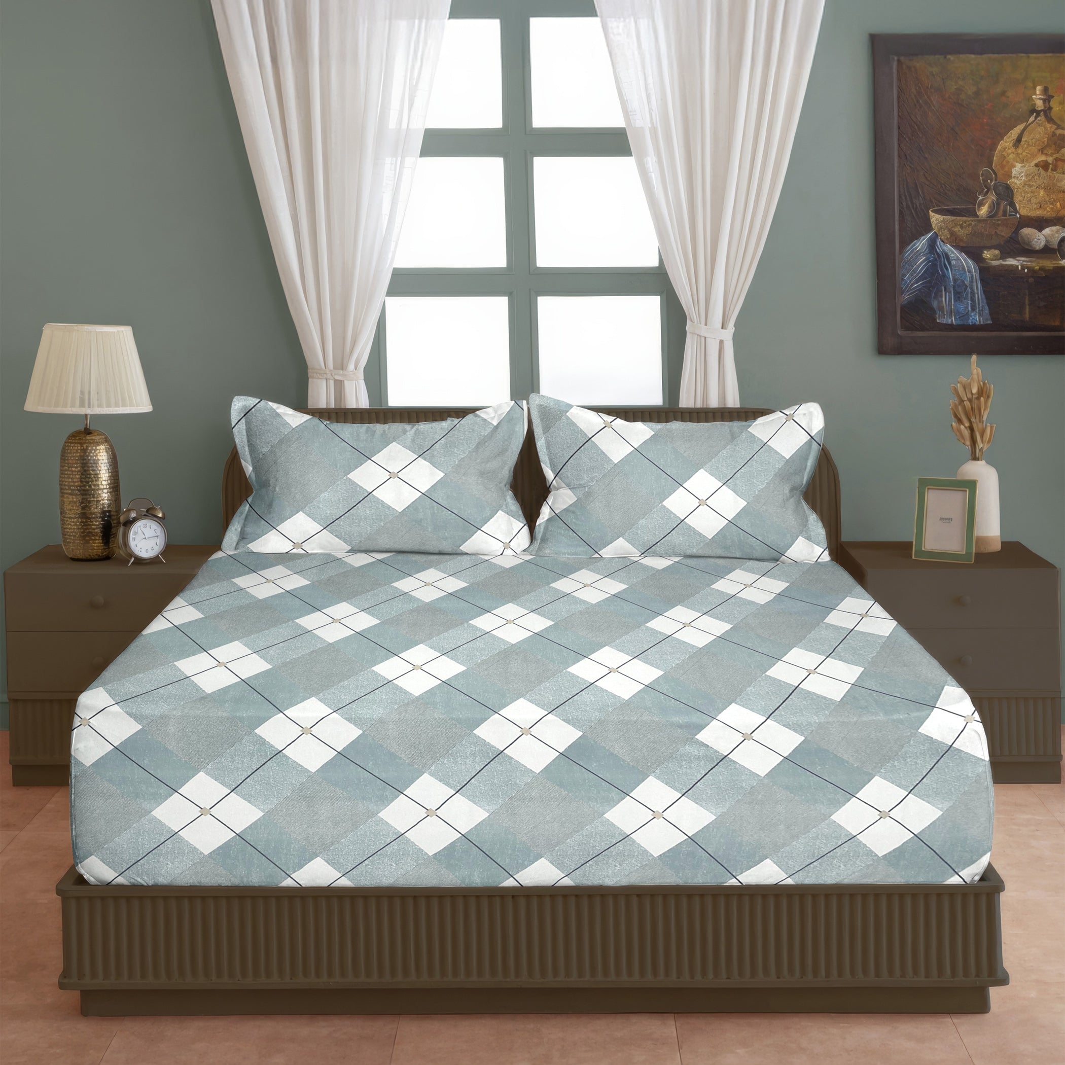 Geometric Teal Grey 200 TC Double Queen Bedsheet With 2 Pillow Covers (90x100 Inches)