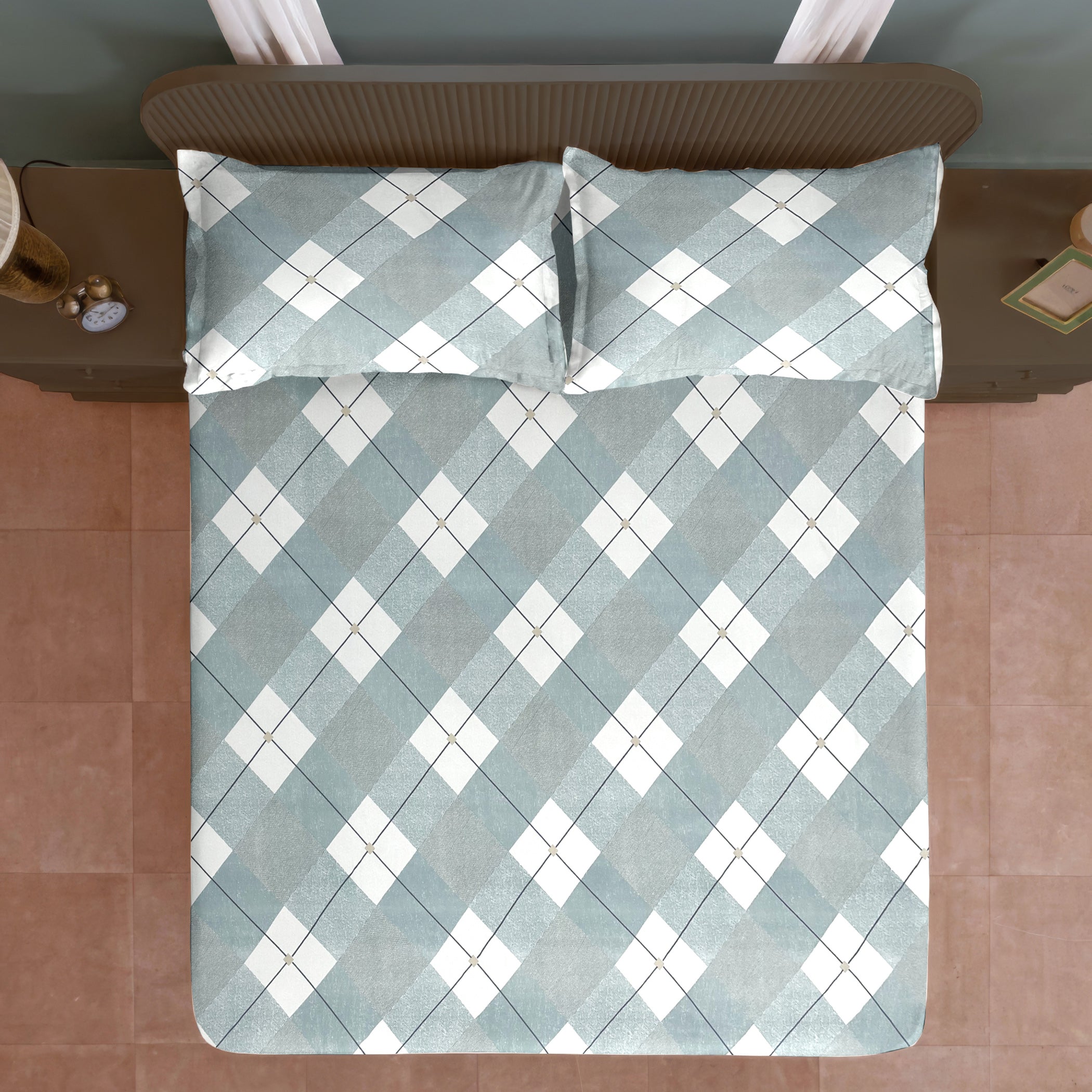 Geometric Teal Grey 200 TC Double Queen Bedsheet With 2 Pillow Covers (90x100 Inches)