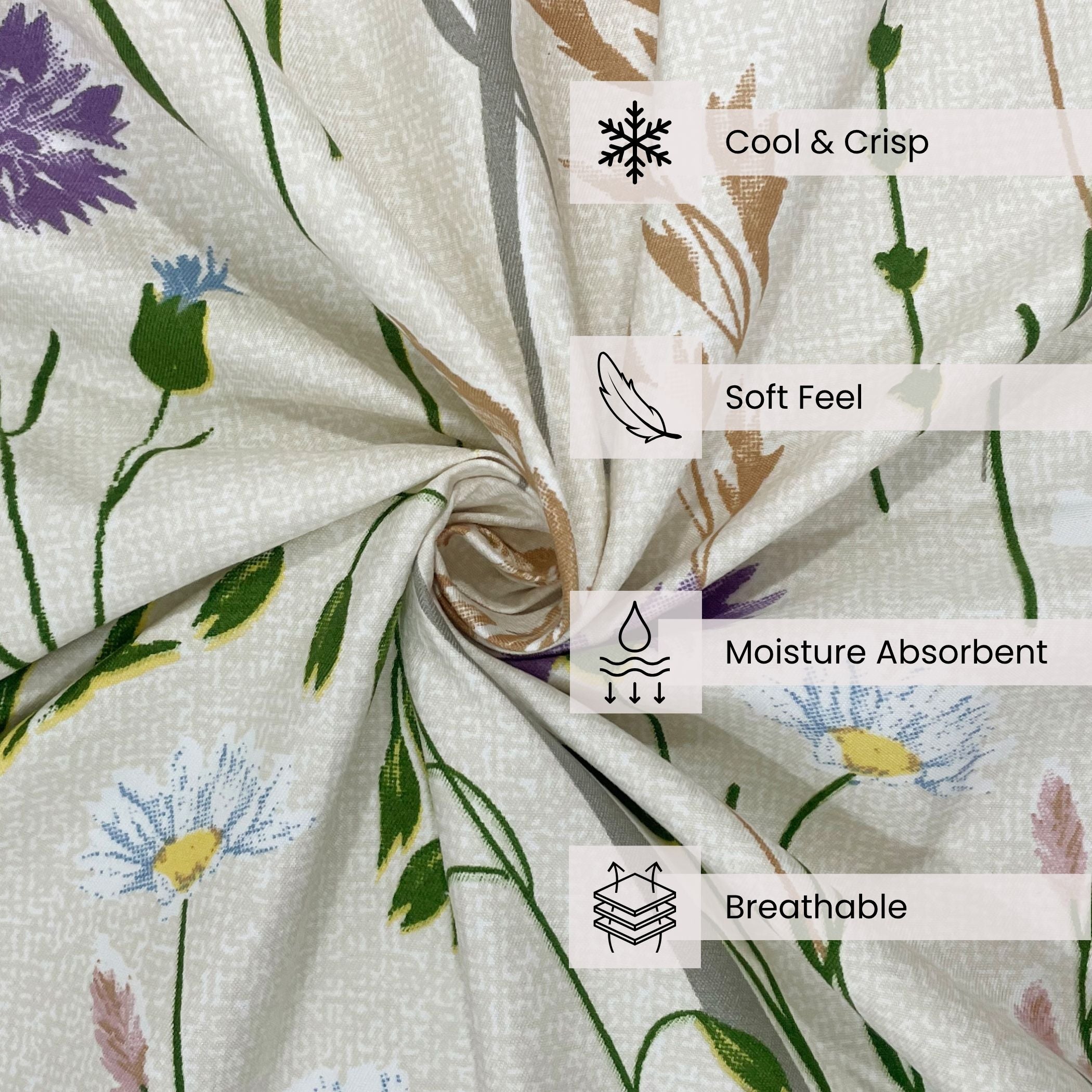 Floral Print White  200 TC Double Queen Bedsheet With 2 Pillow Covers (90x100 Inches)