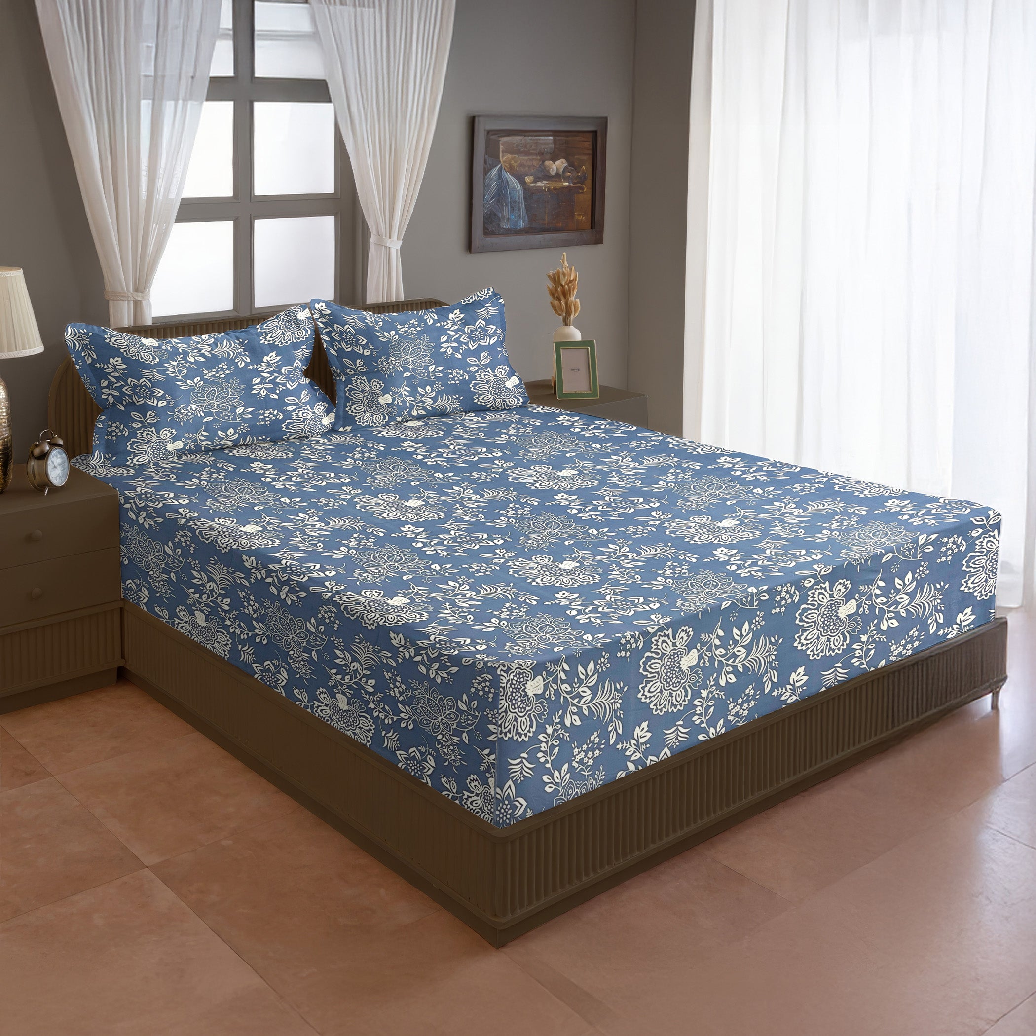 Floral Print Blue 200 TC Double Queen Bedsheet With 2 Pillow Covers (90x100 Inches)
