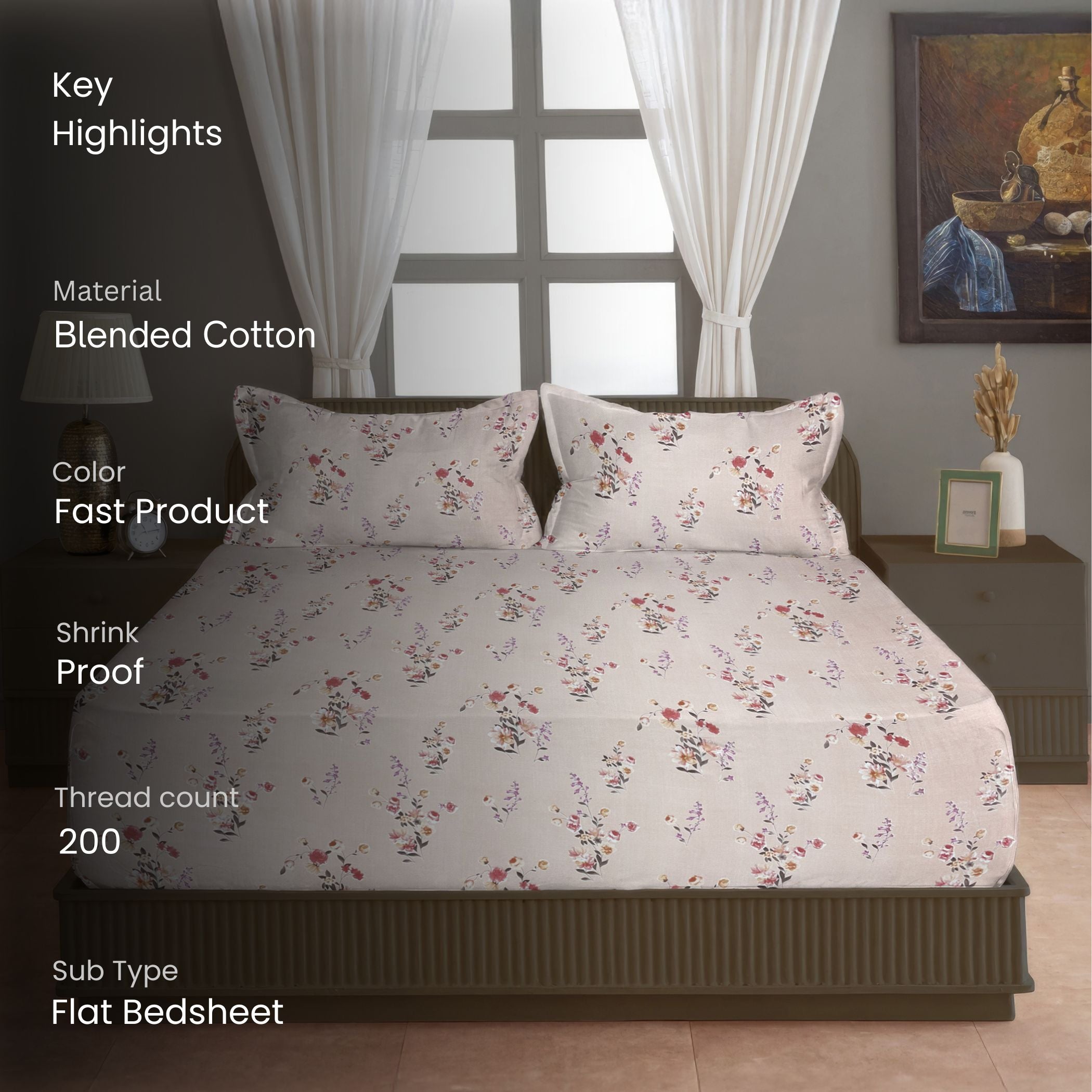 Floral Print Off-White 200 TC Double Queen Bedsheet With 2 Pillow Covers (90x100 Inches)
