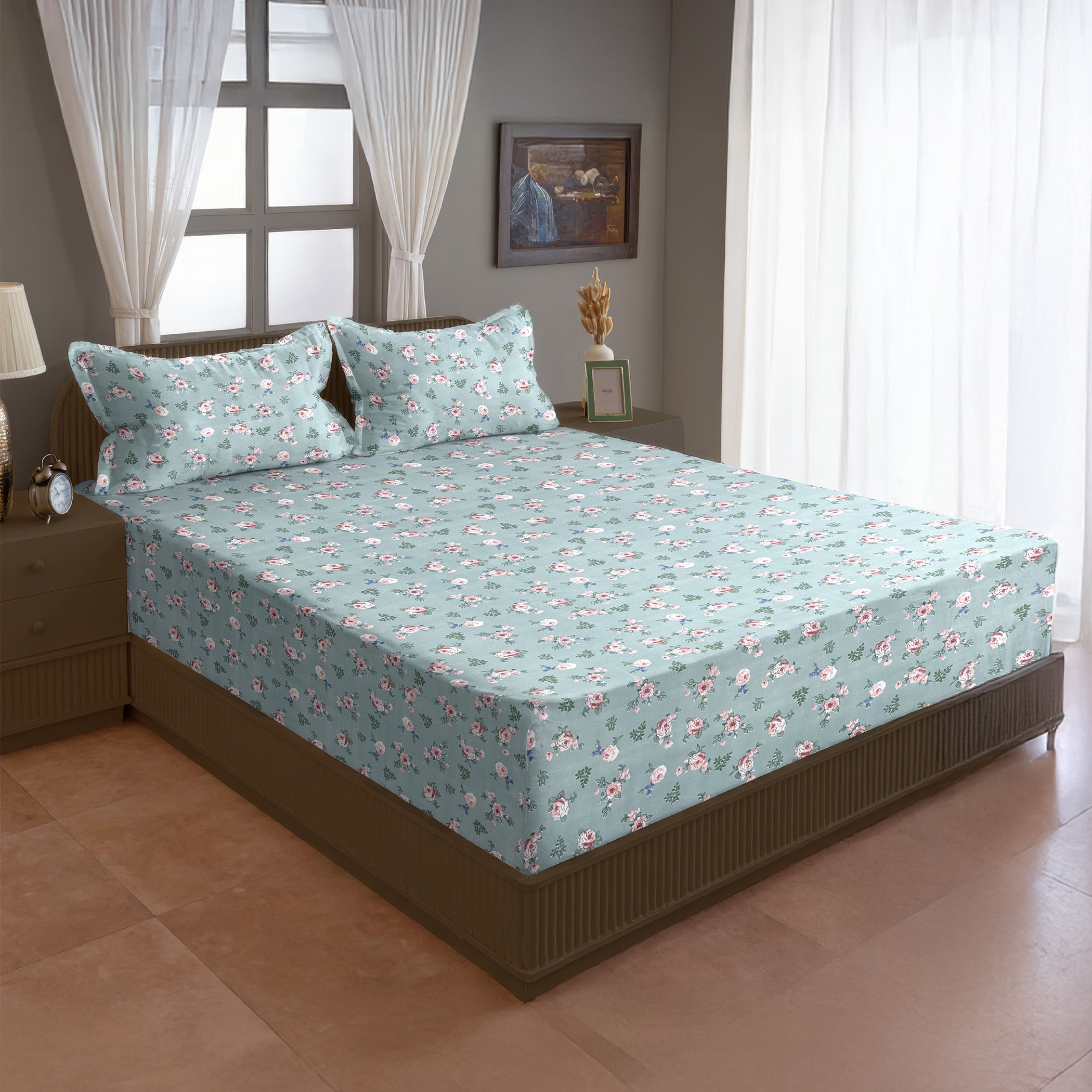 Floral Print Sage Green 200 TC Double Queen Bedsheet With 2 Pillow Covers (90x100 Inches)