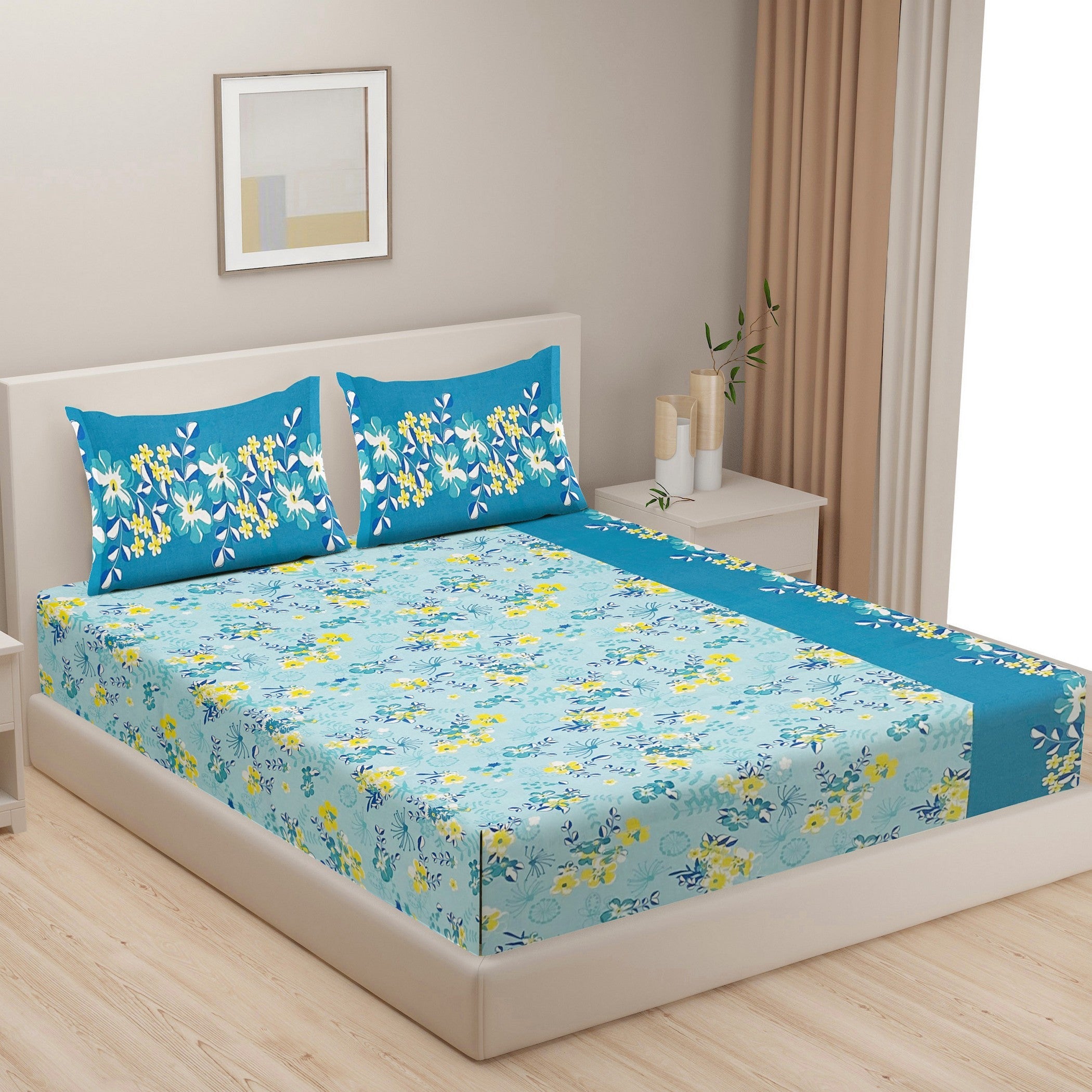 Blue Floral Print Pure Cotton 120 TC Double King Bedsheet with 2 Pillow Covers (90x108 Inches)