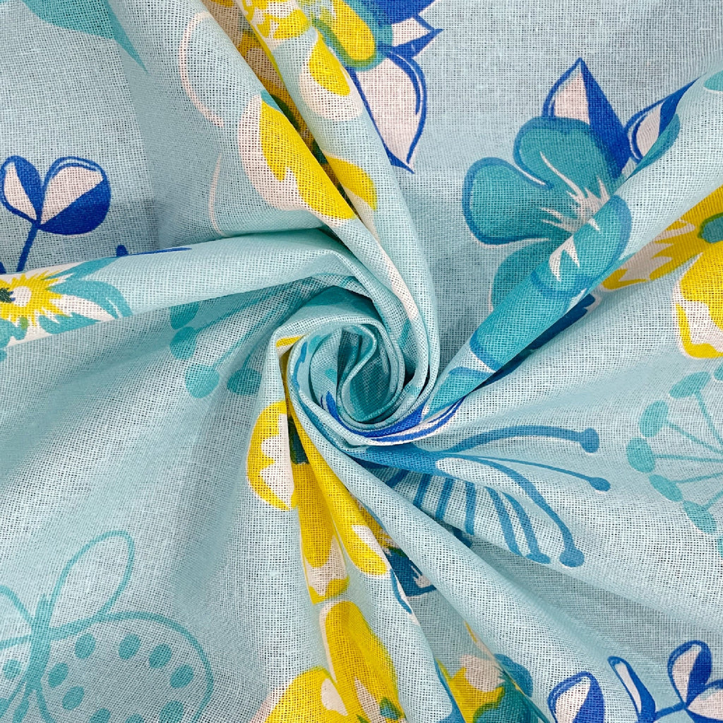 Blue Floral Print Pure Cotton 120 TC Double King Bedsheet with 2 Pillow Covers (90x108 Inches)