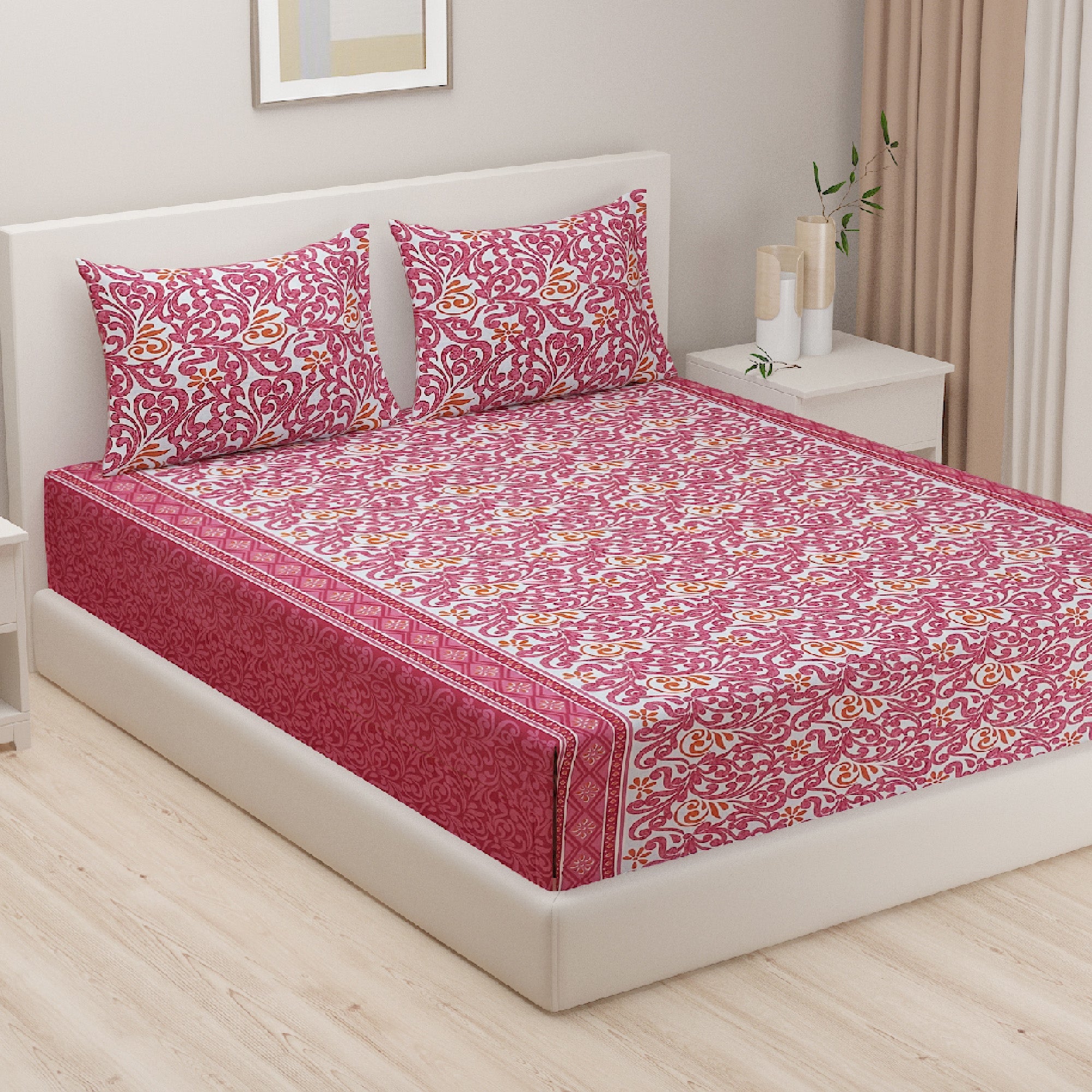 Pink Ethnic Floral Print Pure Cotton 120 TC Double King Bedsheet with 2 Pillow Covers (90x108 Inches)