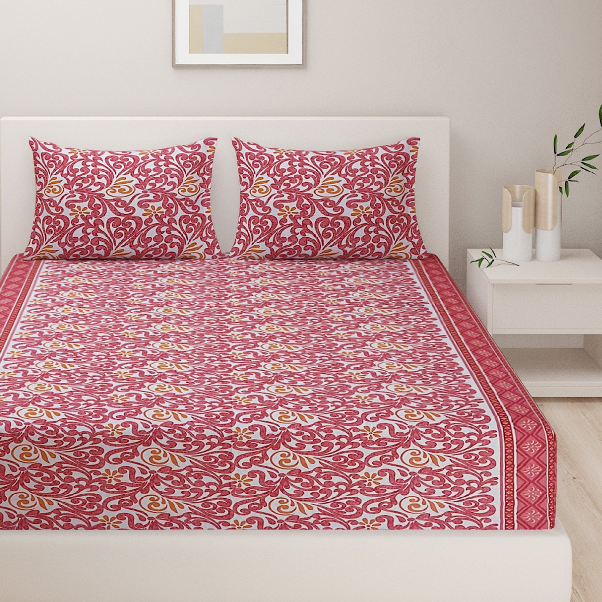 Pink Ethnic Floral Print Pure Cotton 120 TC Double Queen Bedsheet with 2 Pillow Covers (90x100 Inches)