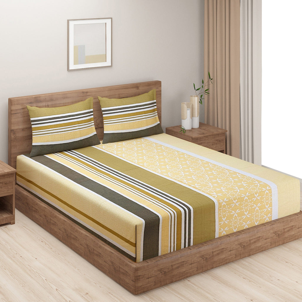 Yellow Stripe Print Pure Cotton 120 TC Double Queen Bedsheet with 2 Pillow Covers (90x100 Inches)