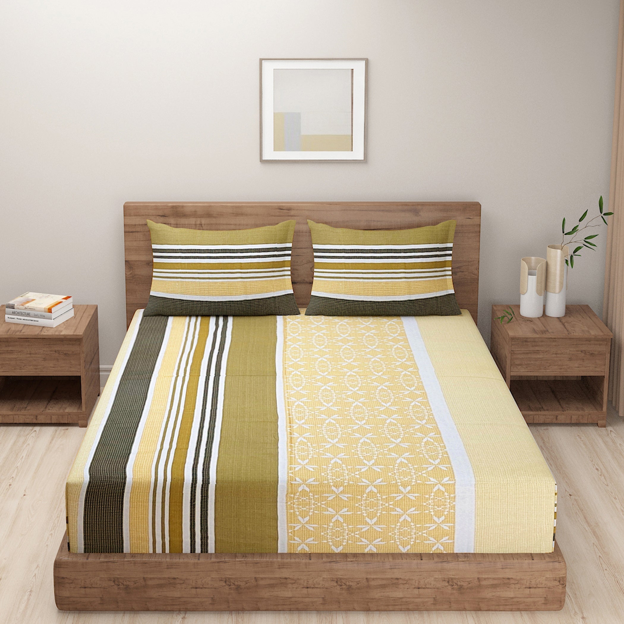 Yellow Stripe Print Pure Cotton 120 TC Double King Bedsheet with 2 Pillow Covers (90x108 Inches)