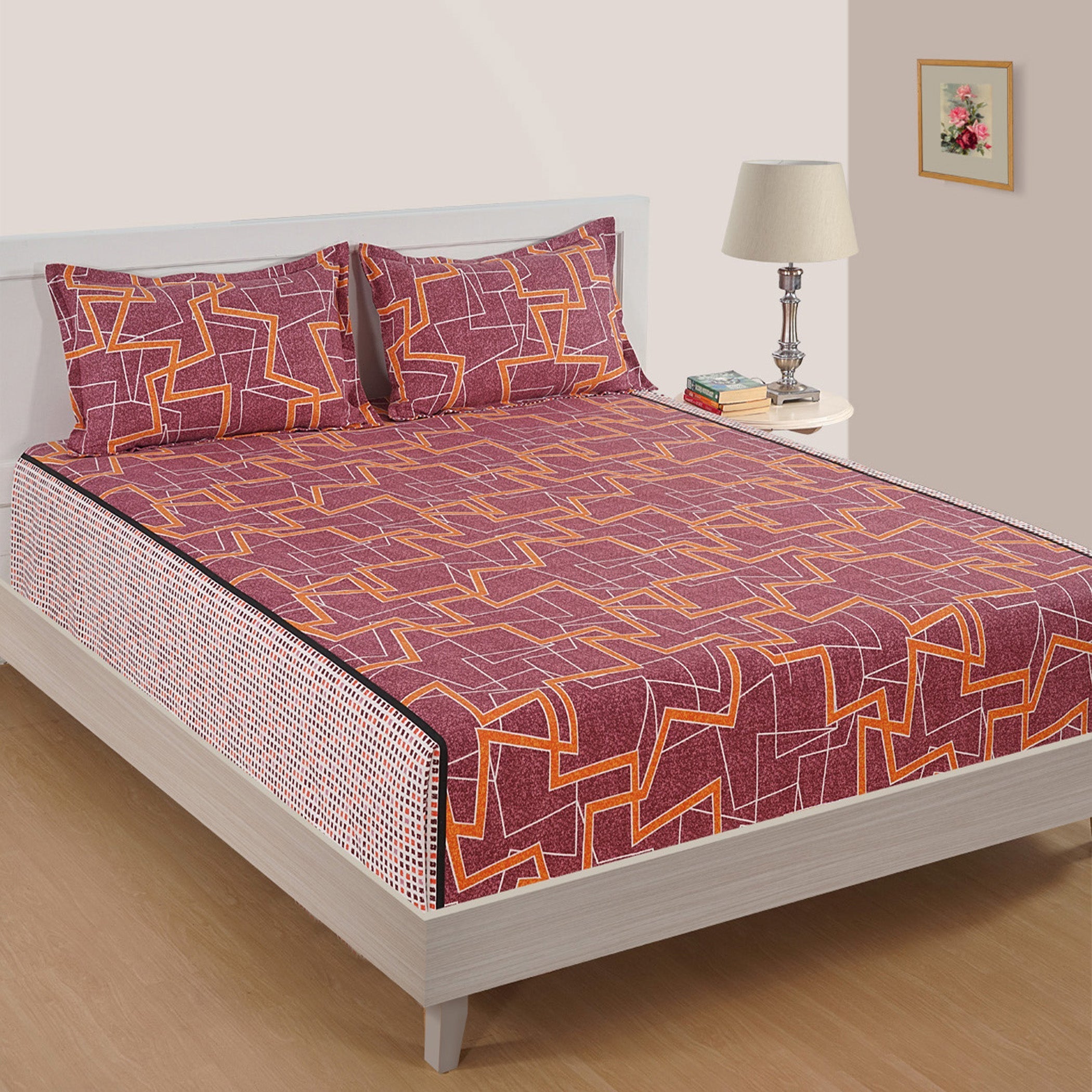 Maroon Geometric Print Pure Cotton 120 TC Double Queen Bedsheet with 2 Pillow Covers (90x100 Inches)