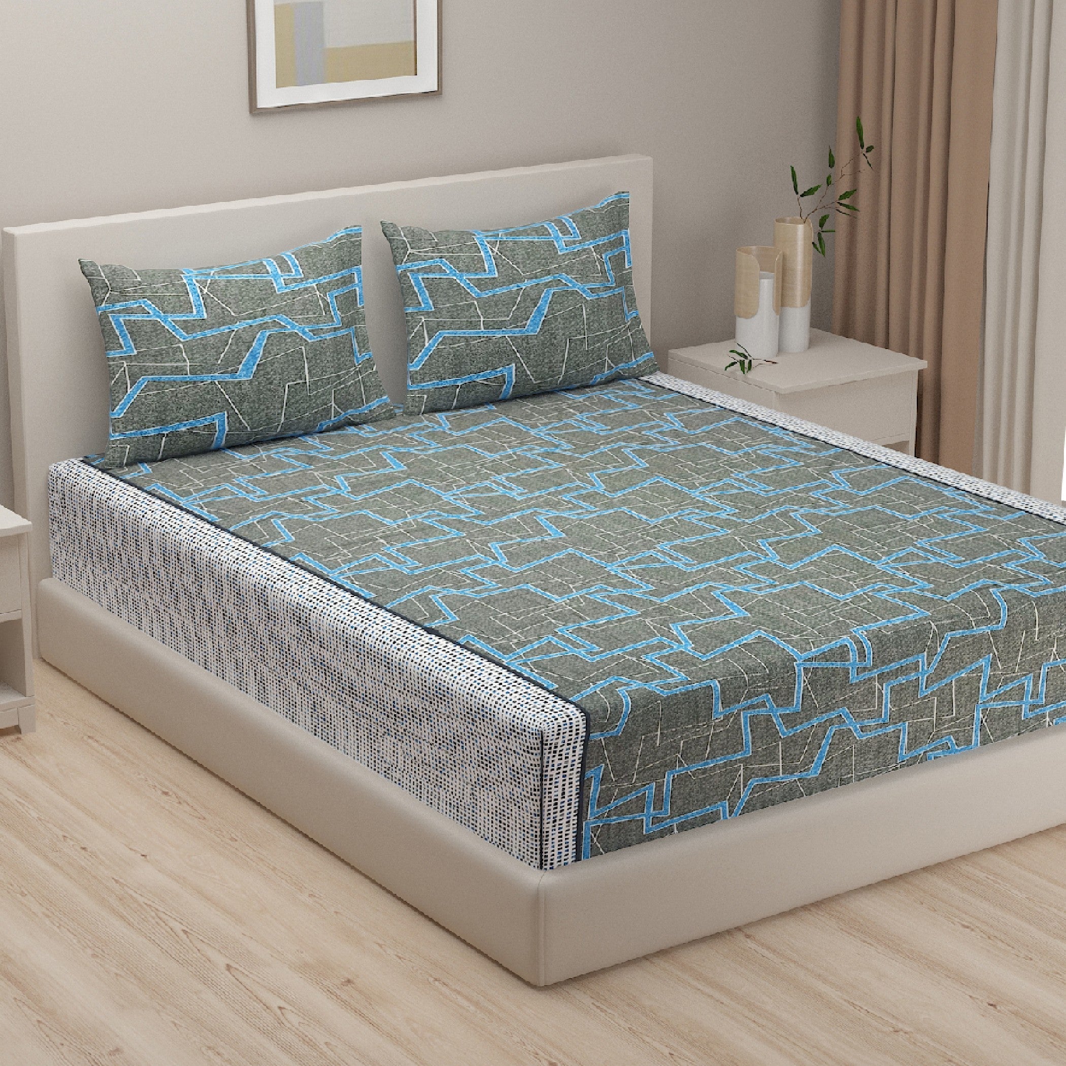 Grey Geometric Print Pure Cotton 120 TC Double Queen Bedsheet with 2 Pillow Covers (90x100 Inches)