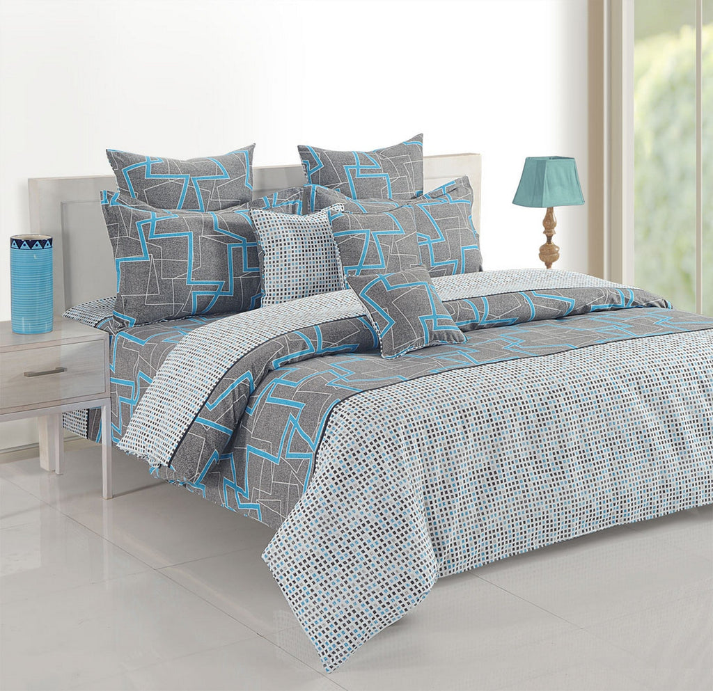 Grey Geometric Print Pure Cotton 120 TC Double Queen Bedsheet with 2 Pillow Covers (90x100 Inches)