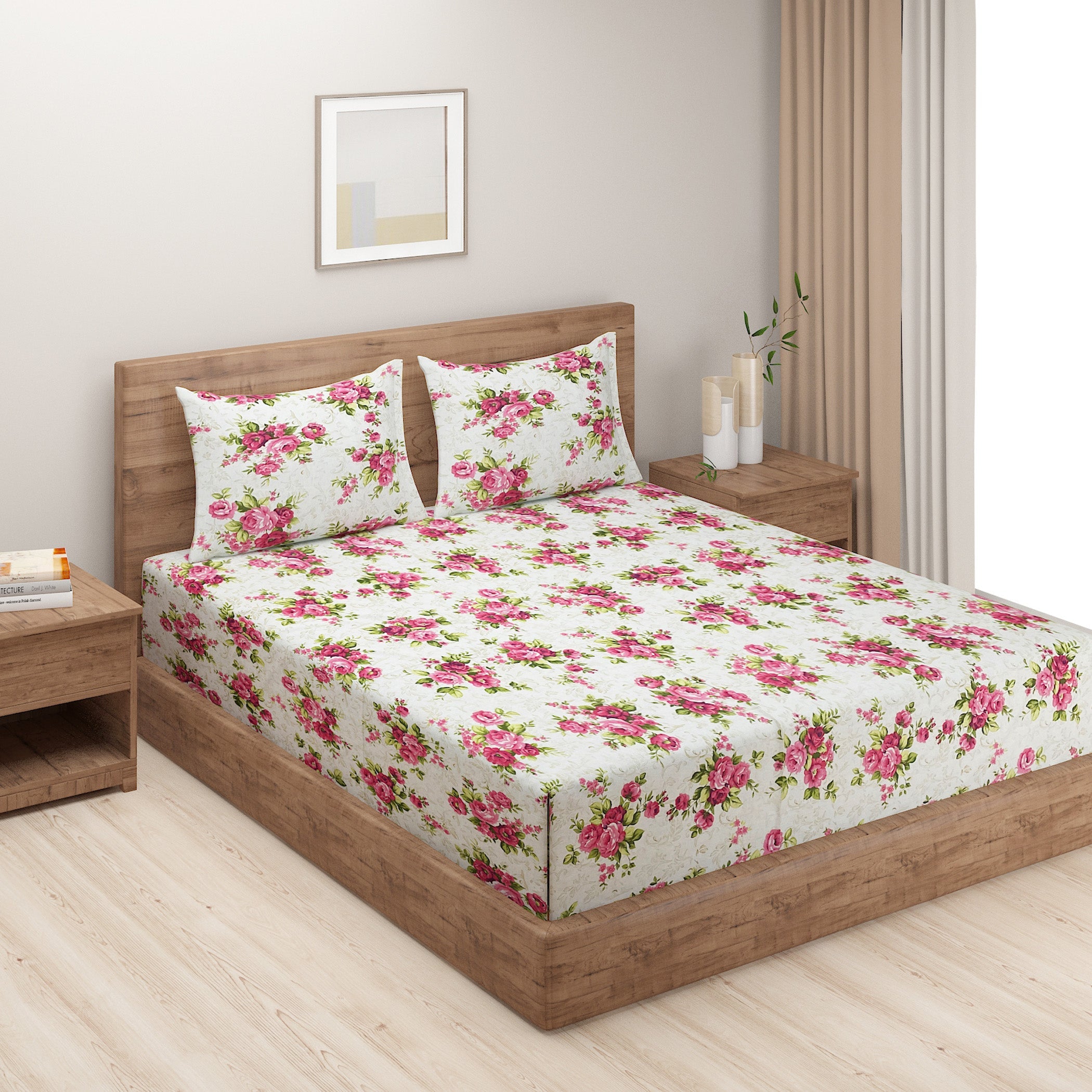 Pink Floral Print Pure Cotton 120 TC Double King Bedsheet with 2 Pillow Covers (90x100 Inches)