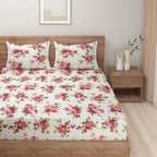 Pink Floral Print Pure Cotton 120 TC King Fitted Bedsheet with 2 Pillow Covers (72x78x10 Inches)