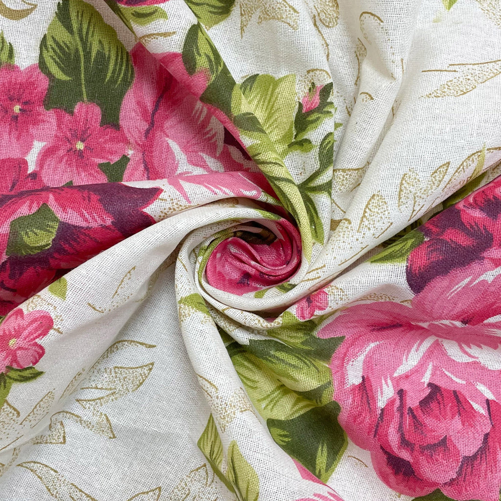 Pink Floral Print Pure Cotton 120 TC King Fitted Bedsheet with 2 Pillow Covers (72x78x10 Inches)