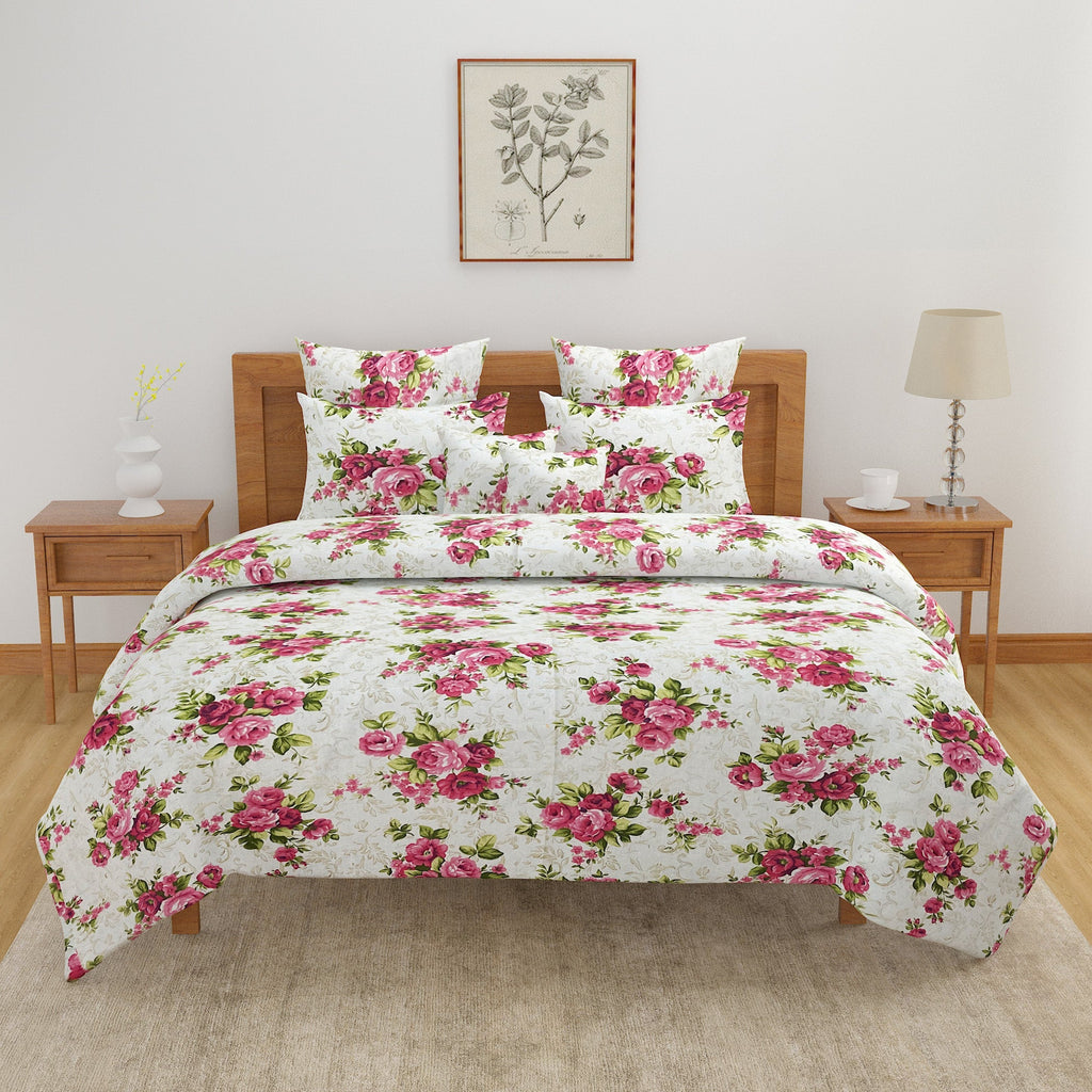 Pink Floral Print Pure Cotton 120 TC Double Queen Bedsheet with 2 Pillow Covers (90x100 Inches)