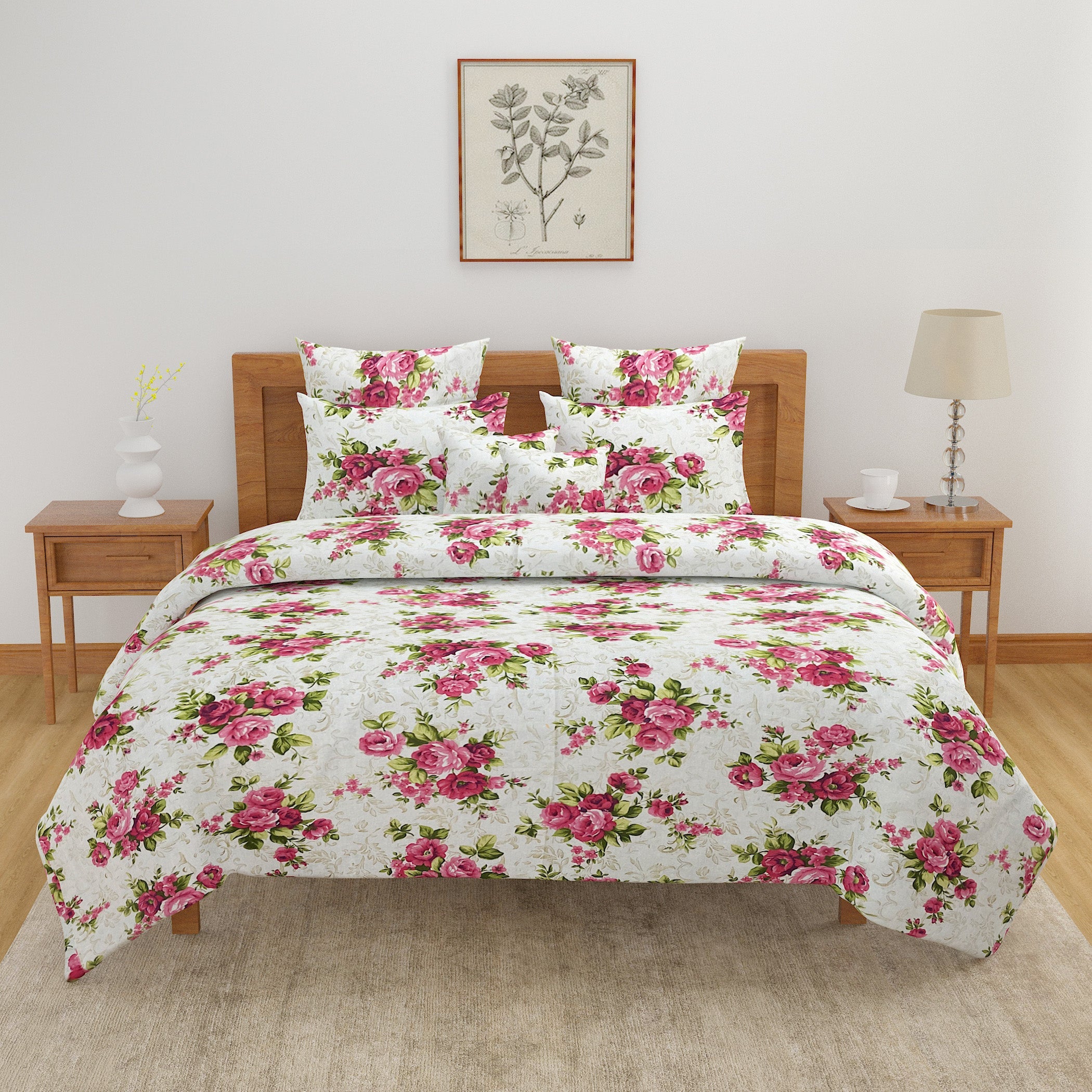 Pink Floral Print Pure Cotton 120 TC Double King Bedsheet with 2 Pillow Covers (90x100 Inches)