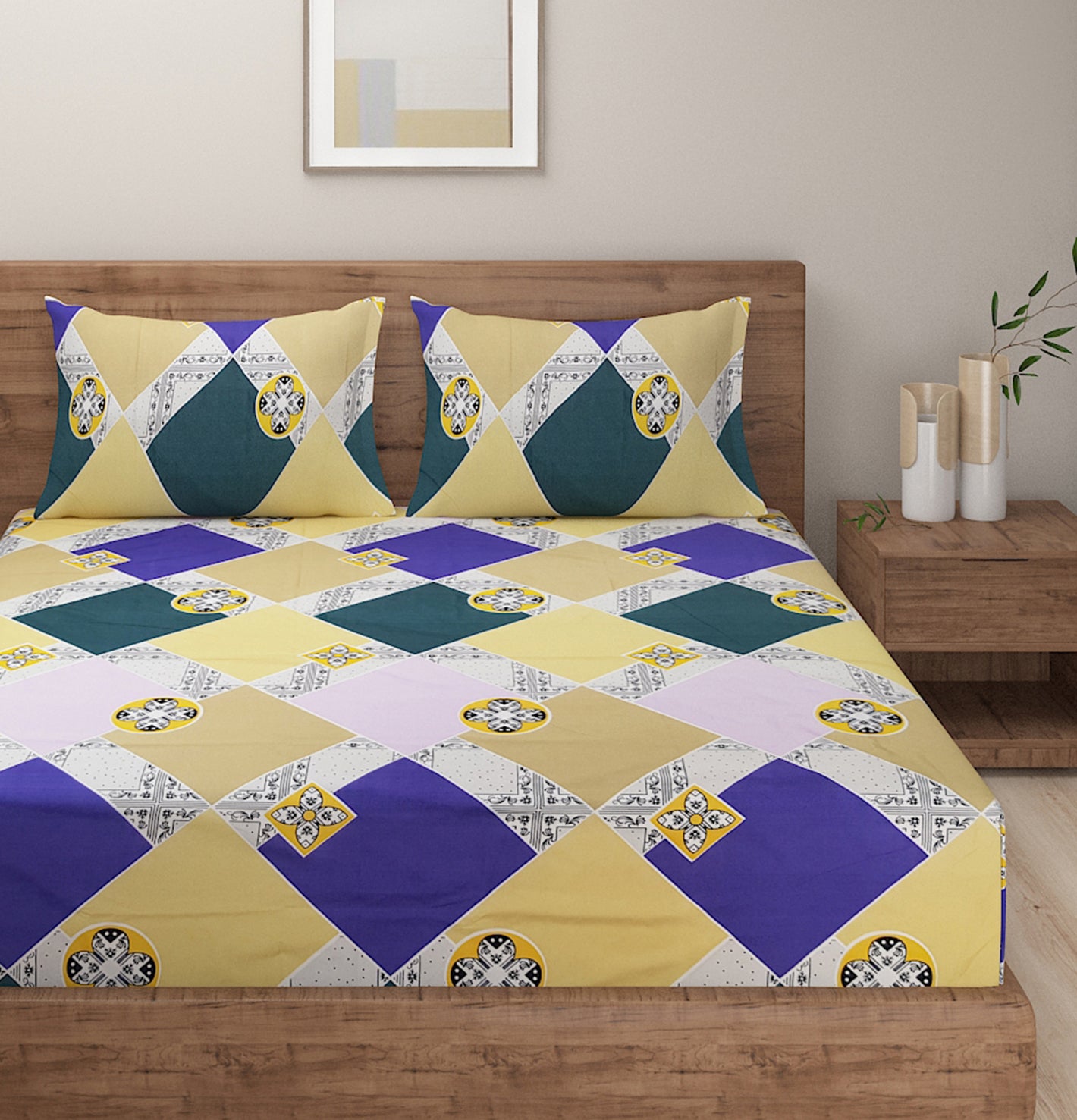 Multi-Color Mosaic Geometric Double Queen Bedsheet with Soft Blended Cotton Fabric (90x100 inches)
