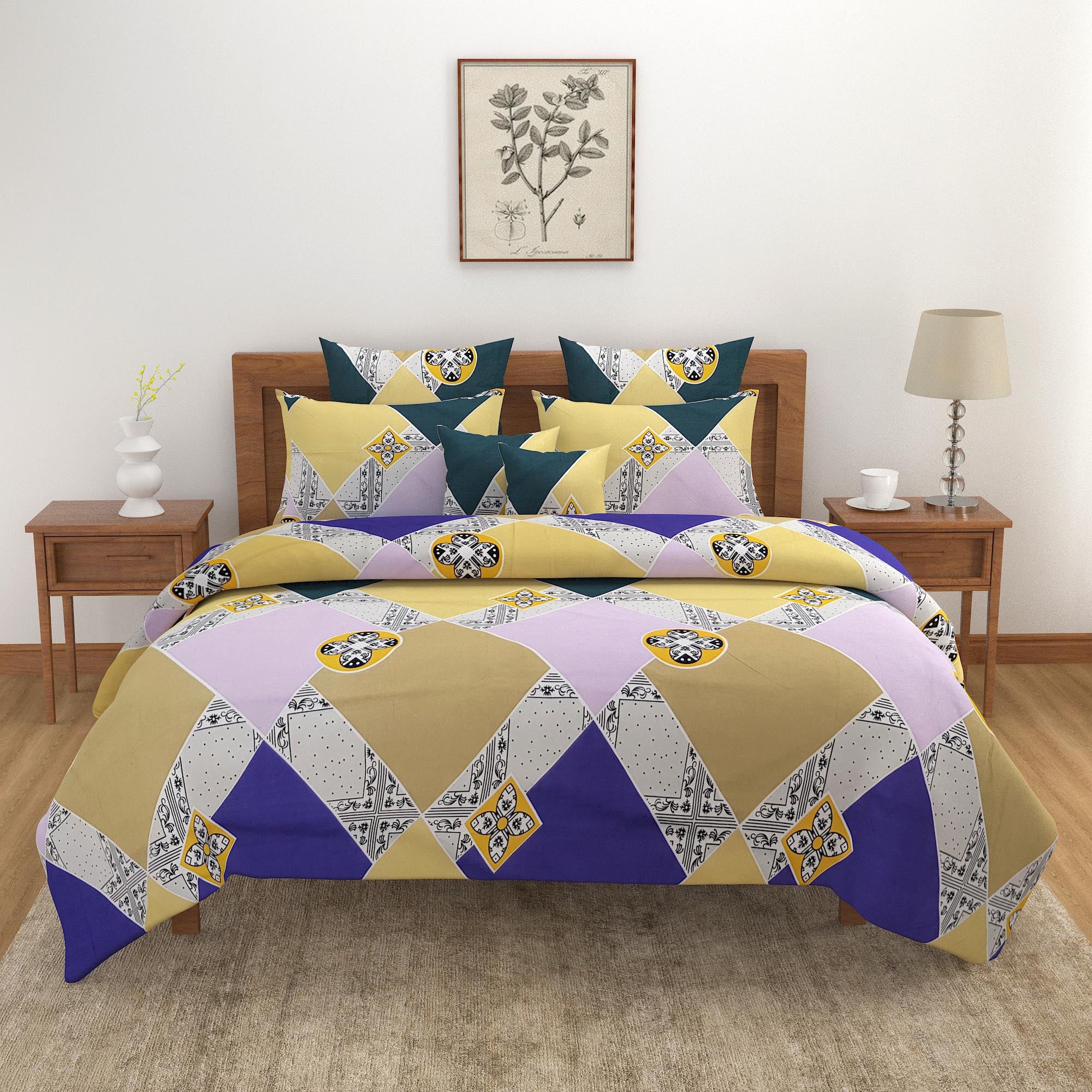 Multi-Color Mosaic Geometric Double Queen Bedsheet with Soft Blended Cotton Fabric (90x100 inches)