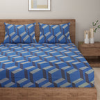 Bold Blue Geometric Blended Cotton Double Queen Bedsheet with 2 Pillow Covers (90x100 inches)
