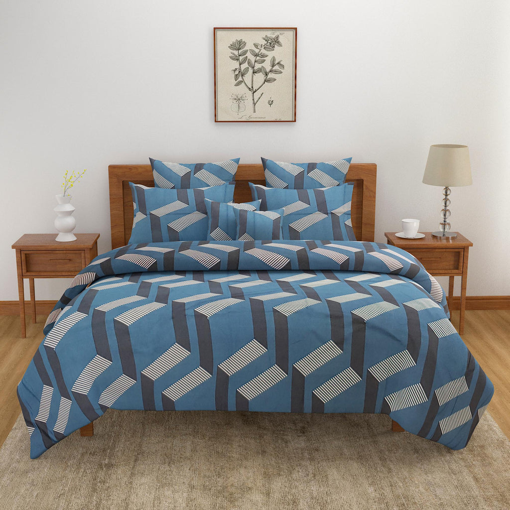Bold Blue Geometric Blended Cotton Double Queen Bedsheet with 2 Pillow Covers (90x100 inches)