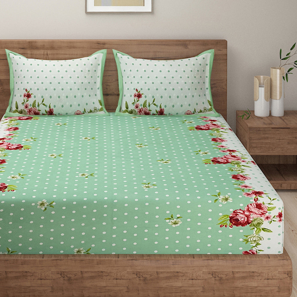 Mint Blossom Polka Blended Cotton Double Queen Bedsheet with 2 Pillow Covers (90x100 inches)