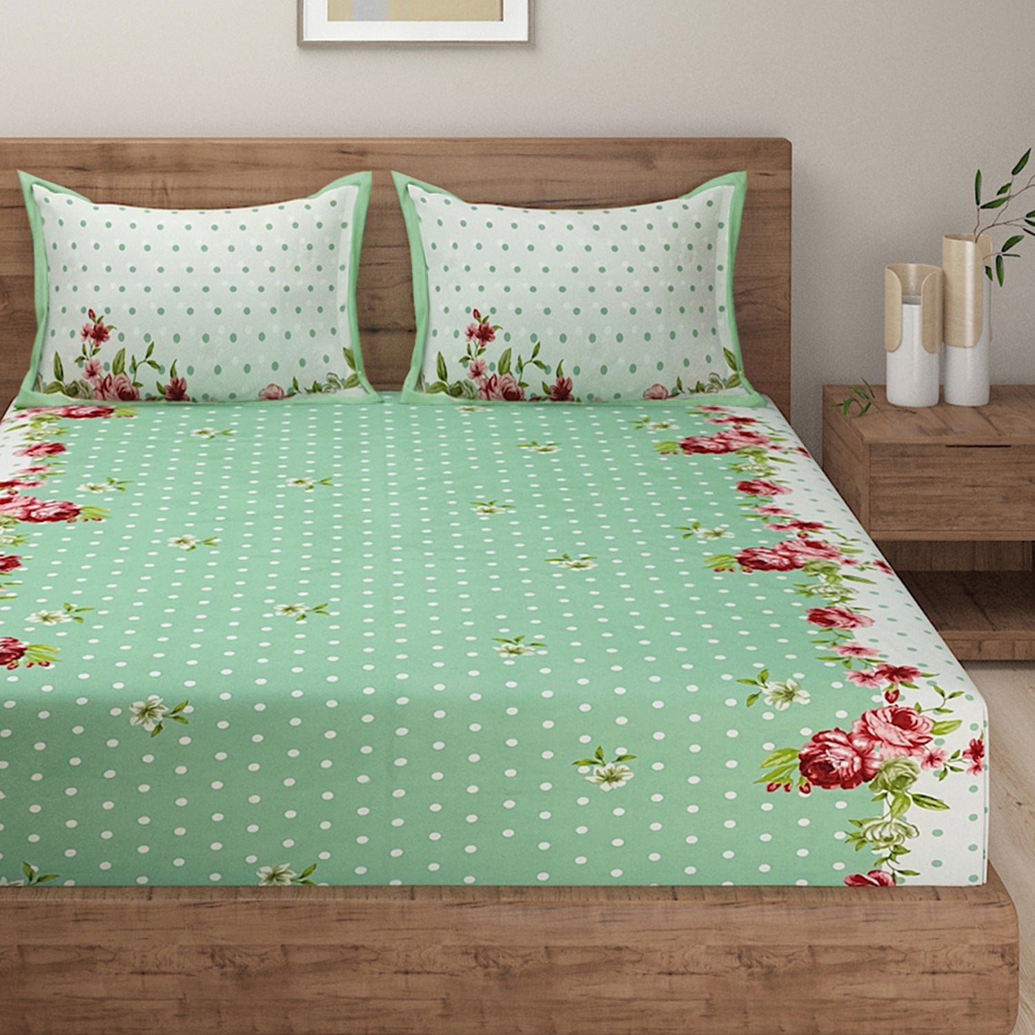 Mint Blossom Polka Blended Cotton Double Queen Bedsheet with 2 Pillow Covers (90x100 inches)
