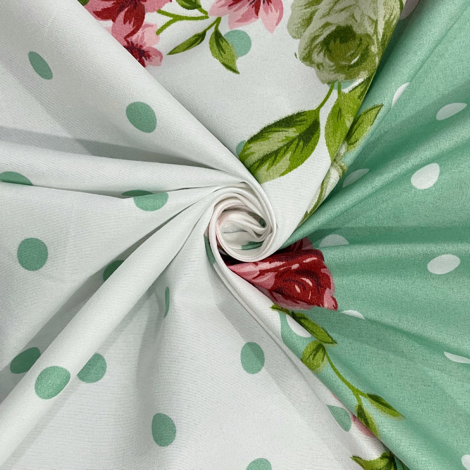 Mint Blossom Polka Blended Cotton Double Queen Bedsheet with 2 Pillow Covers (90x100 inches)