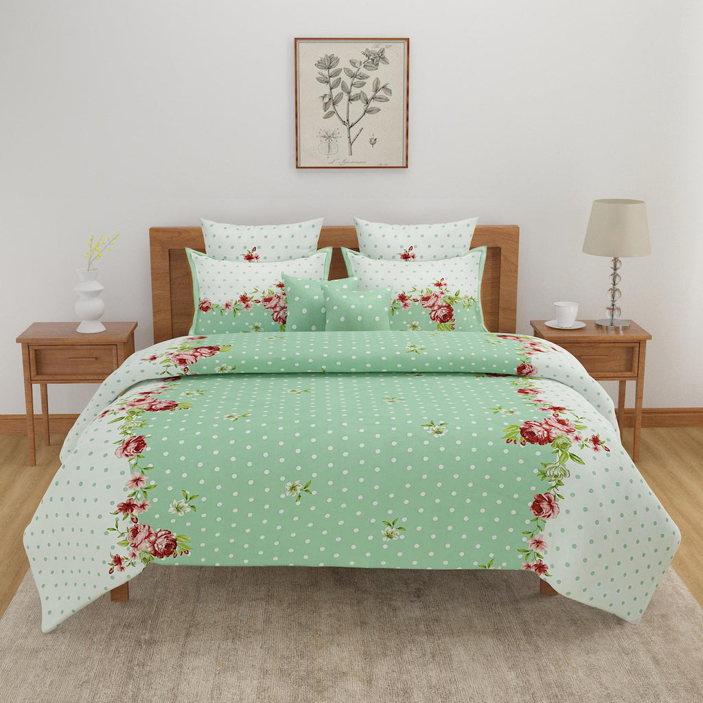 Mint Blossom Polka Blended Cotton Double Queen Bedsheet with 2 Pillow Covers (90x100 inches)