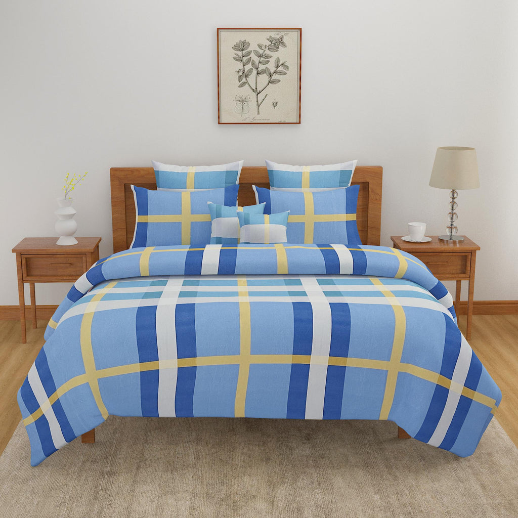 Ocean Breeze Blended Cotton Double Queen Bedsheet with 2 Pillow Covers - Modern Blue Plaid Design (90x100 inches)