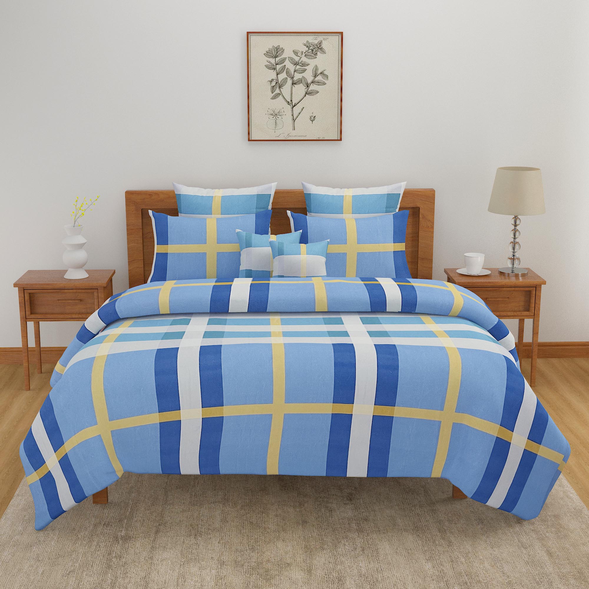 Ocean Breeze Blended Cotton Double Queen Bedsheet with 2 Pillow Covers - Modern Blue Plaid Design (90x100 inches)