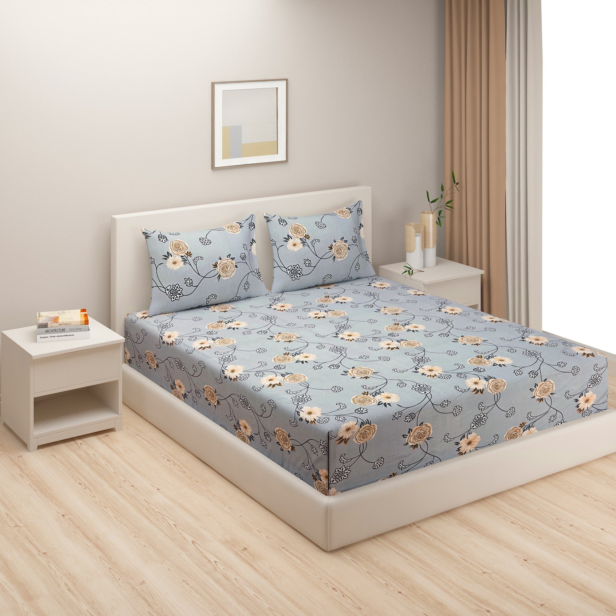 Dusty Blue Bloom Blended Cotton Double King Bedsheet with 2 Pillow Covers - Elegant Floral Design (90x108 inches)