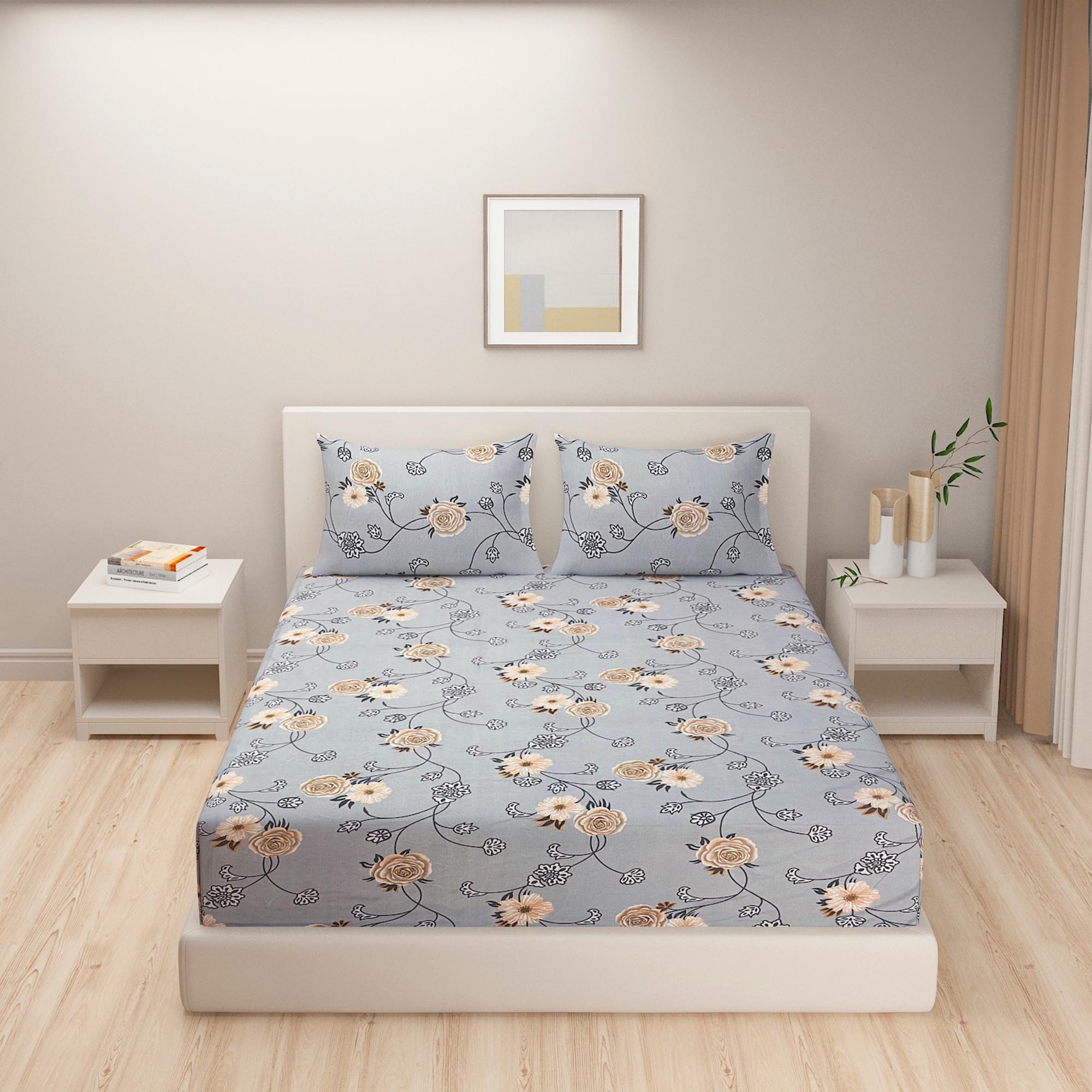 Dusty Blue Bloom Blended Cotton Double Queen Bedsheet with 2 Pillow Covers - Elegant Floral Design (90x100 inches)