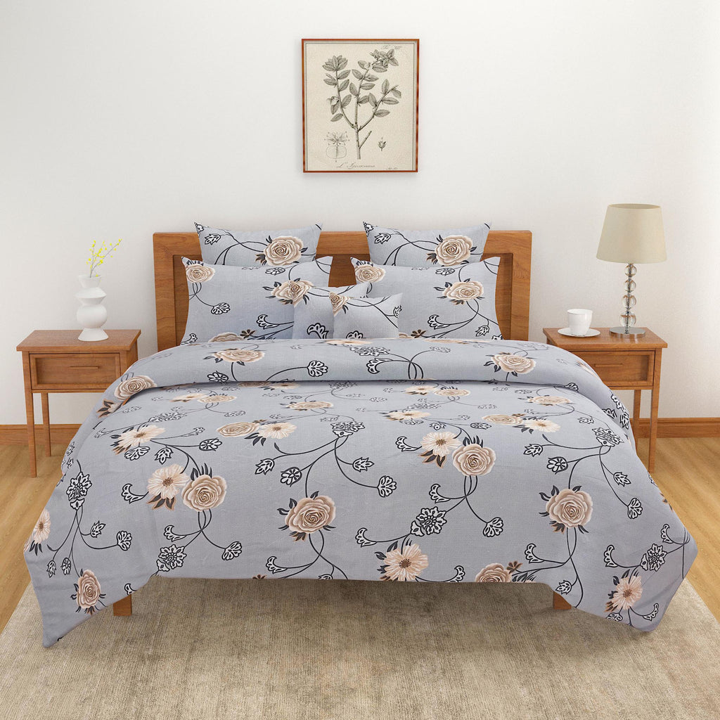 Dusty Blue Bloom Blended Cotton Double Queen Bedsheet with 2 Pillow Covers - Elegant Floral Design (90x100 inches)