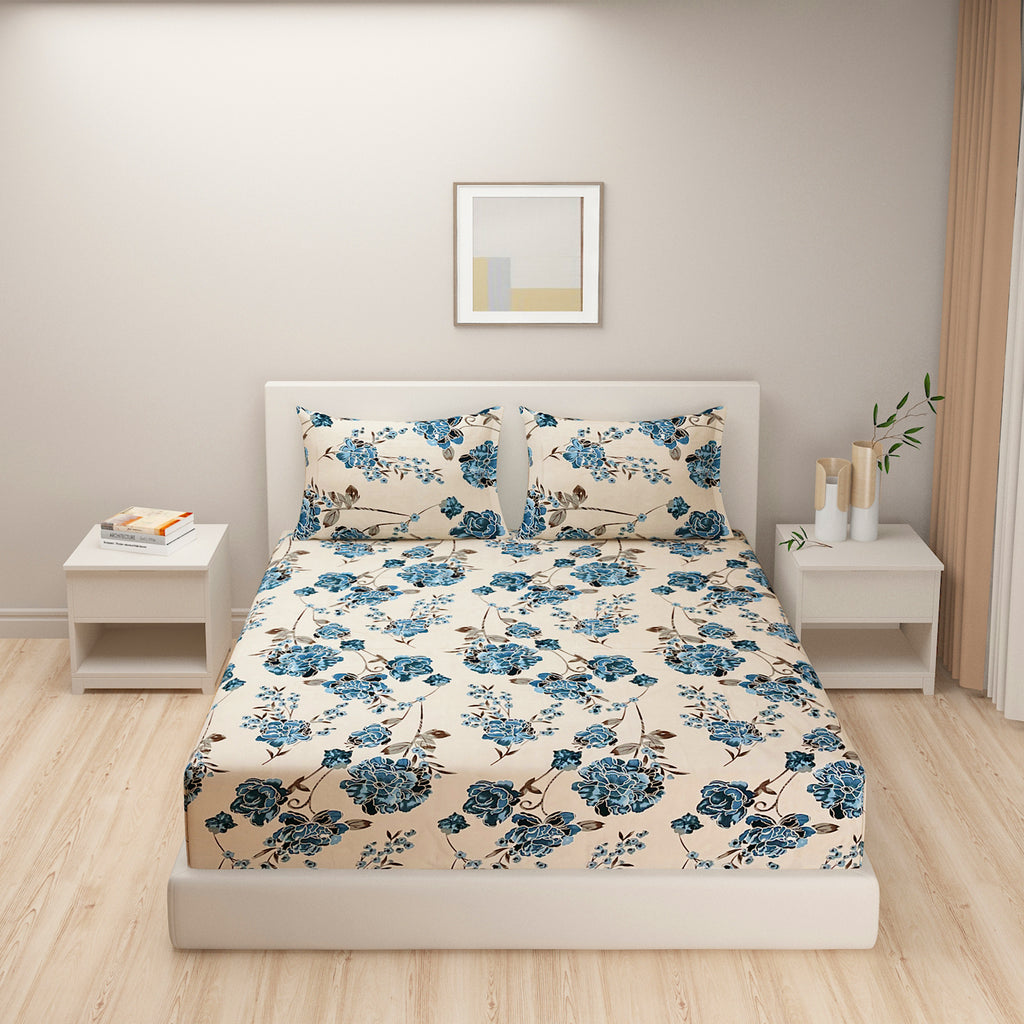 Blue Rose Elegance Blended Cotton Double Queen Bedsheet with 2 Pillow Covers - Classic Floral Charm (90x100 inches)