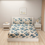 Blue Rose Elegance Blended Cotton Double Queen Bedsheet with 2 Pillow Covers - Classic Floral Charm (90x100 inches)