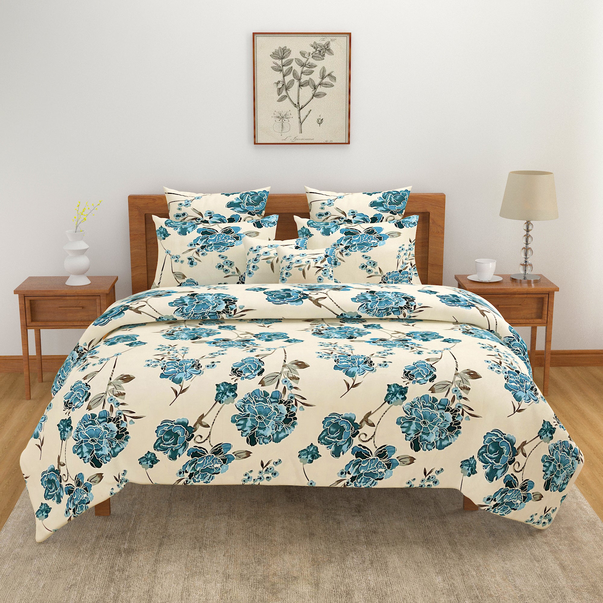 Blue Rose Elegance Blended Cotton Double Queen Bedsheet with 2 Pillow Covers - Classic Floral Charm (90x100 inches)