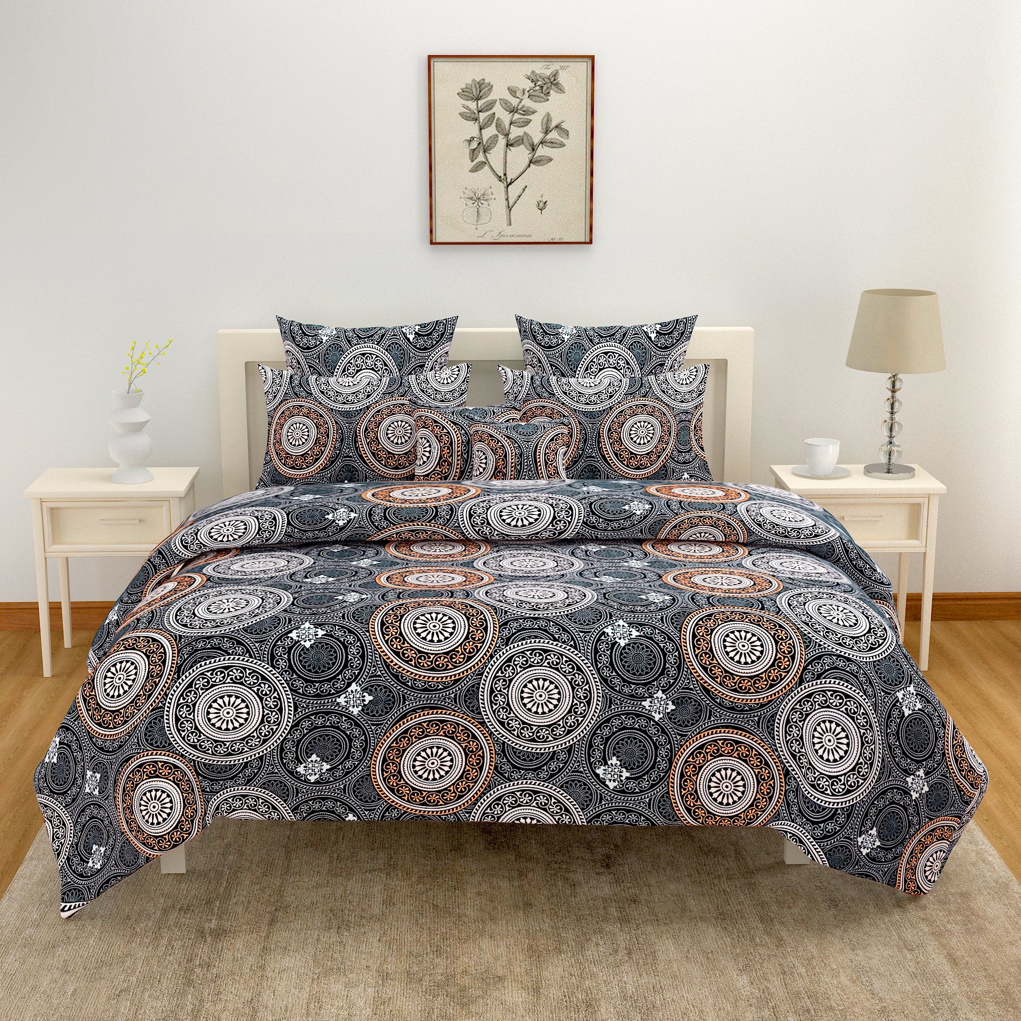 Midnight Mandala Charm Blended Cotton Double Queen Bedsheet with 2 Pillow Covers - Artistic Circular Print (90x100 inches)